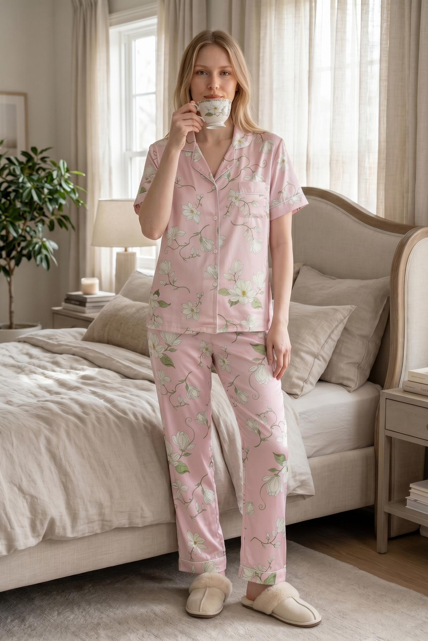 Rosalie – Soft Blush Pink Floral Sleepwear | Women’s Button-Up Lounge Set