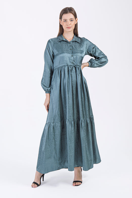 Emerald Satin Button-Down Maxi Dress