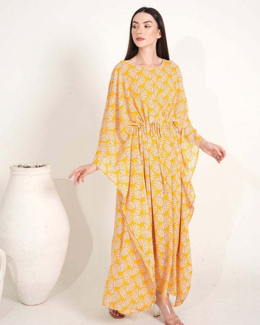 Sunny Blossom - Yellow Printed Ladies Kaftan Dress