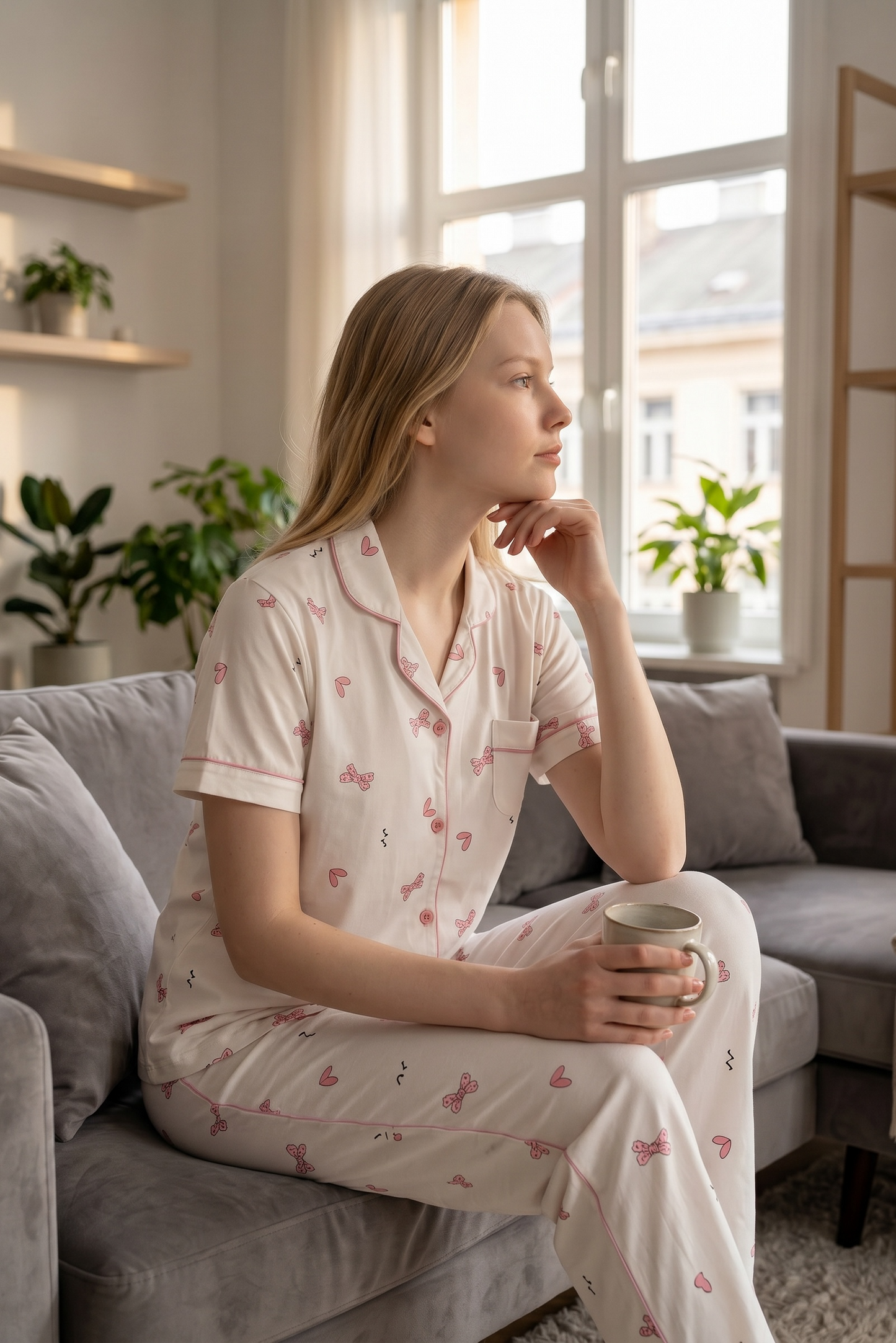 Amora – Soft Ivory Bow Print Sleepwear | Women’s Button-Up Lounge Set