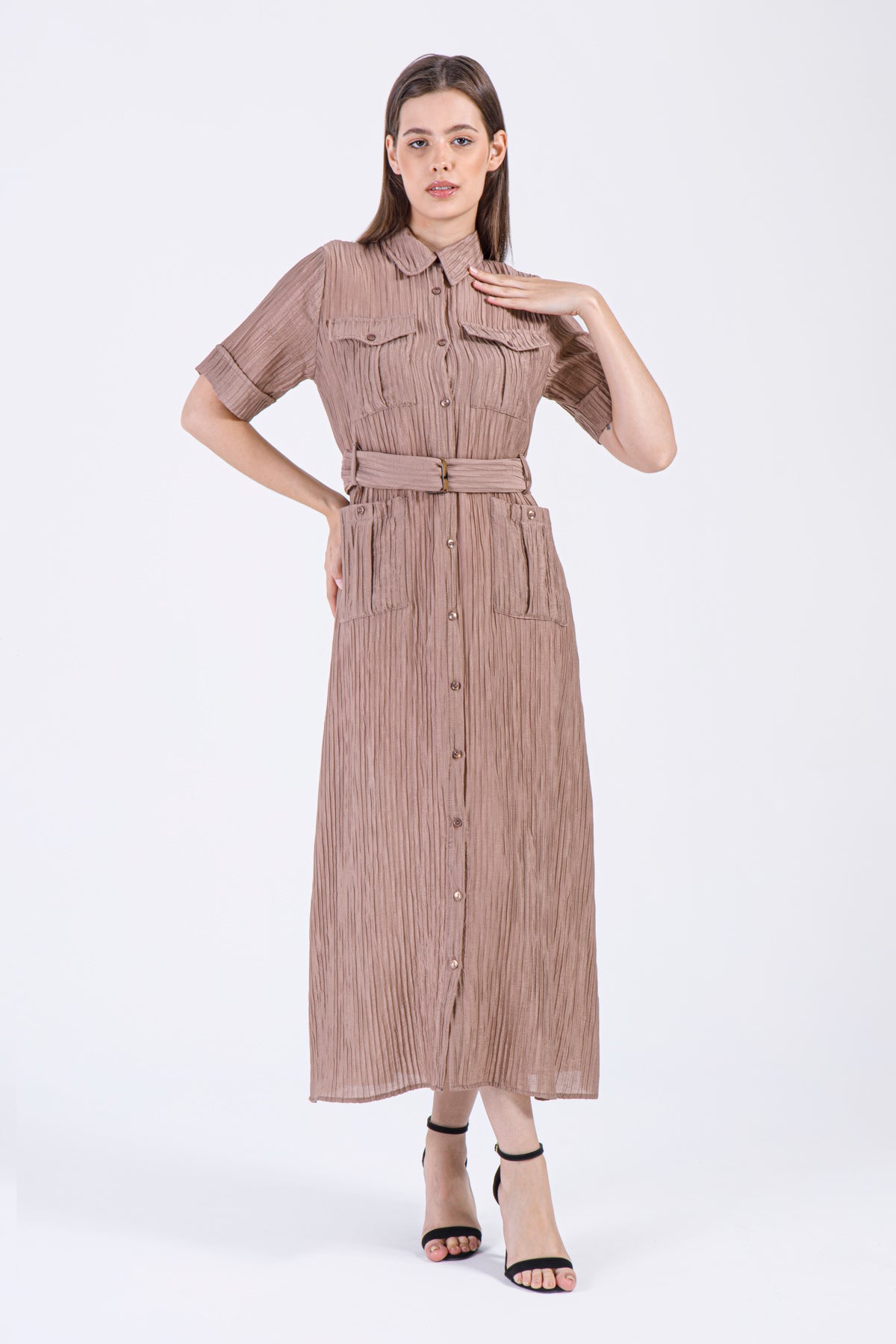 Mocha Belted Button-Down Maxi Dress