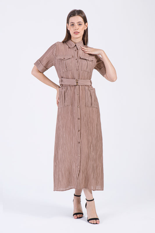 Mocha Belted Button-Down Maxi Dress