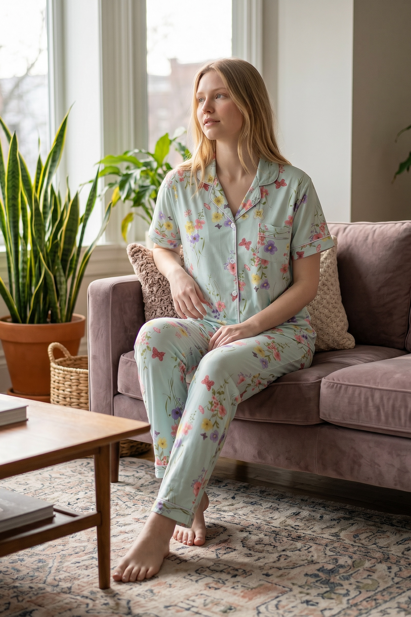 Elira – Soft Mint Floral Sleepwear | Button-Up Lounge Set