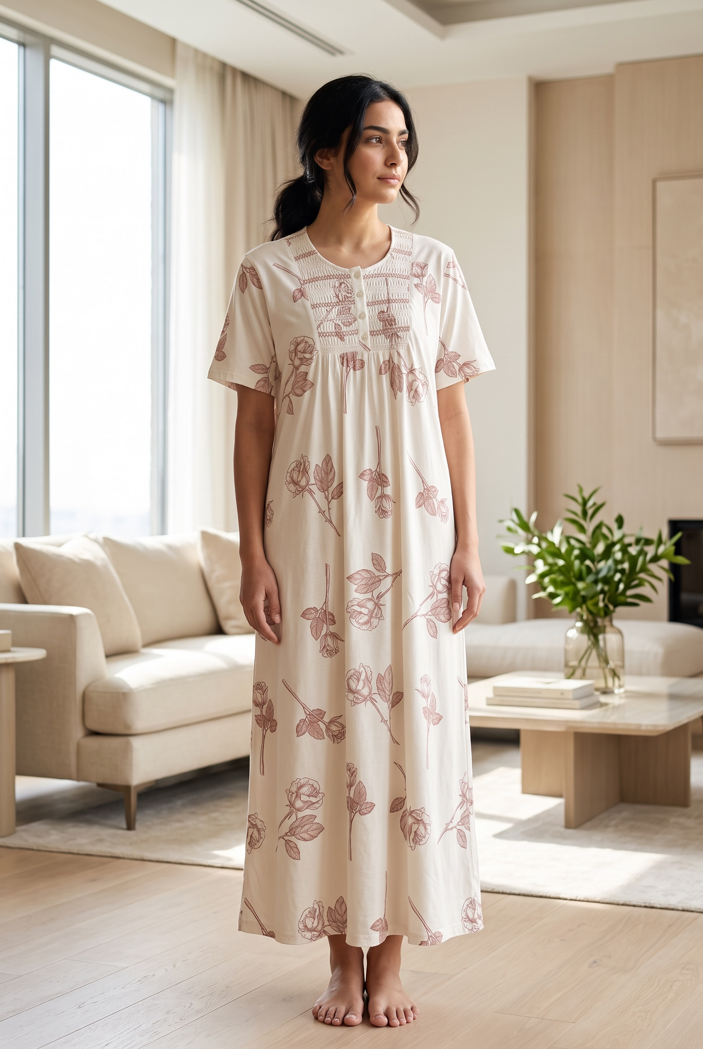Rosabelle – Soft Ivory Rose Print Nightdress | Women’s Lace Sleepwear