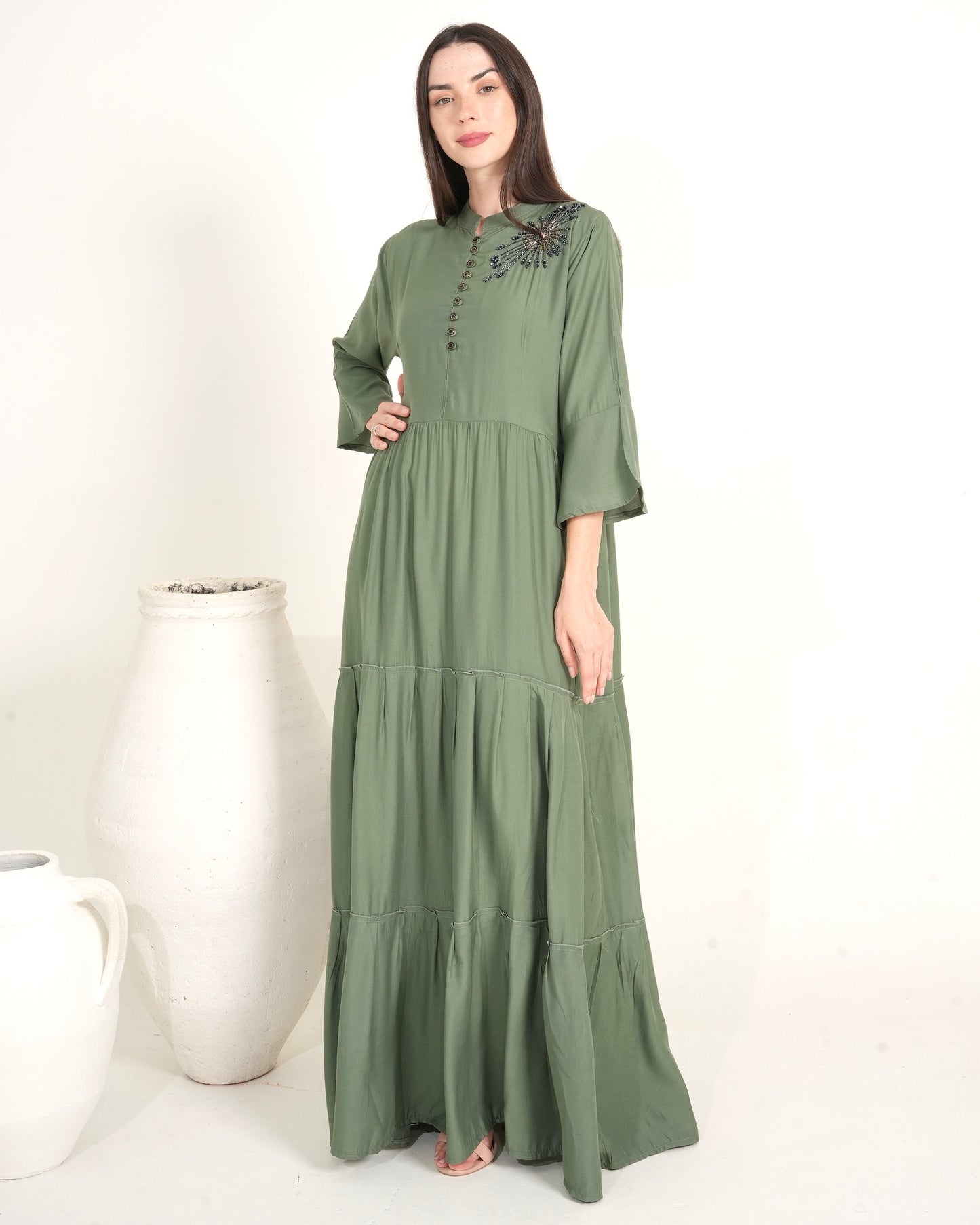 Olive Elegance - Hand-Beaded Long Dress for Ladies