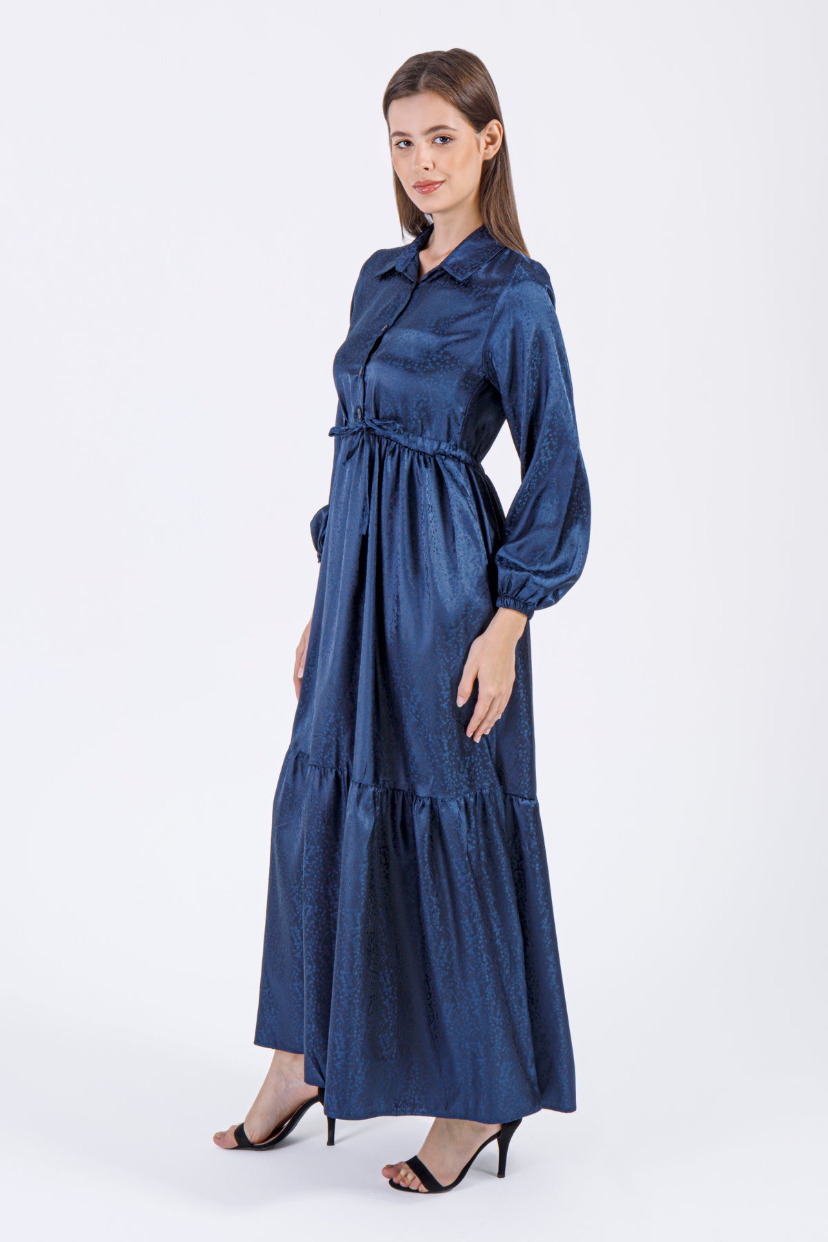 Midnight Blue Elegance – Modest Satin Maxi Dress