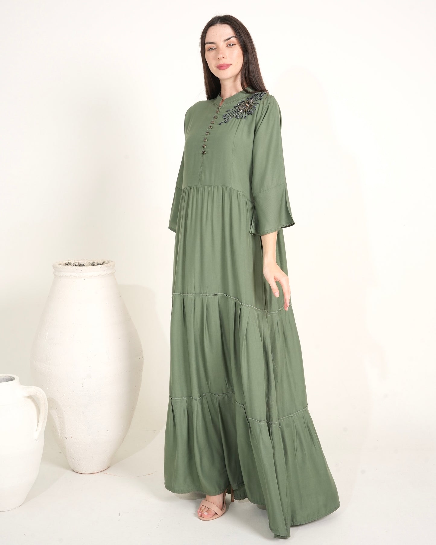 Olive Elegance - Hand-Beaded Long Dress for Ladies