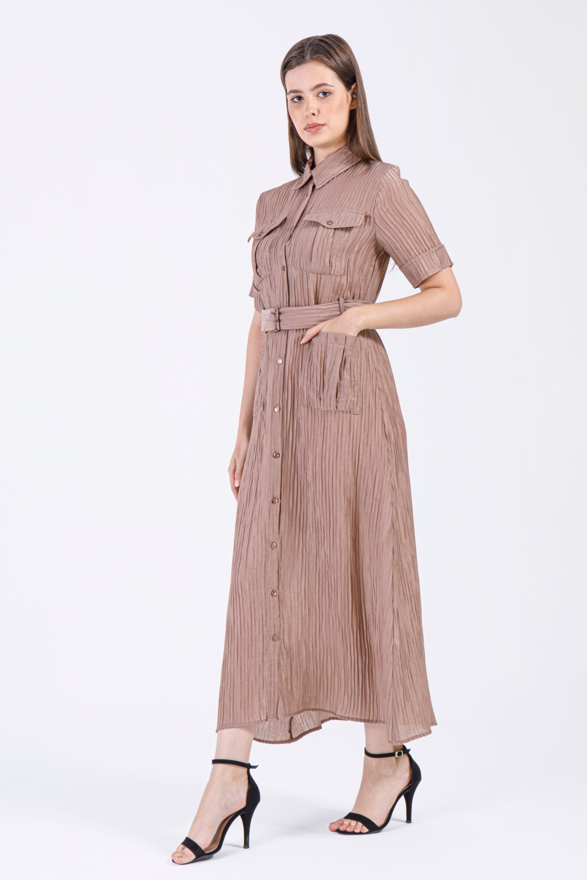 Mocha Belted Button-Down Maxi Dress
