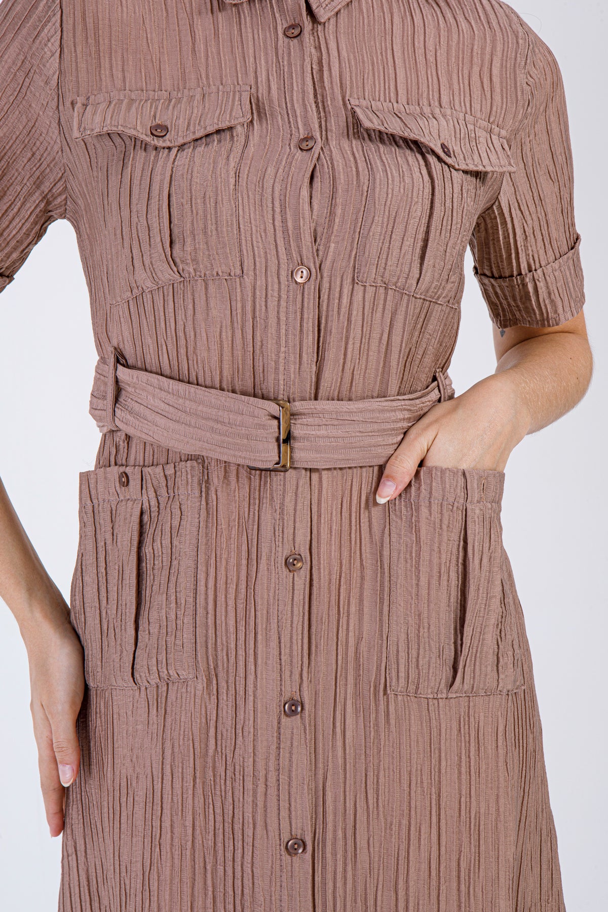 Mocha Belted Button-Down Maxi Dress
