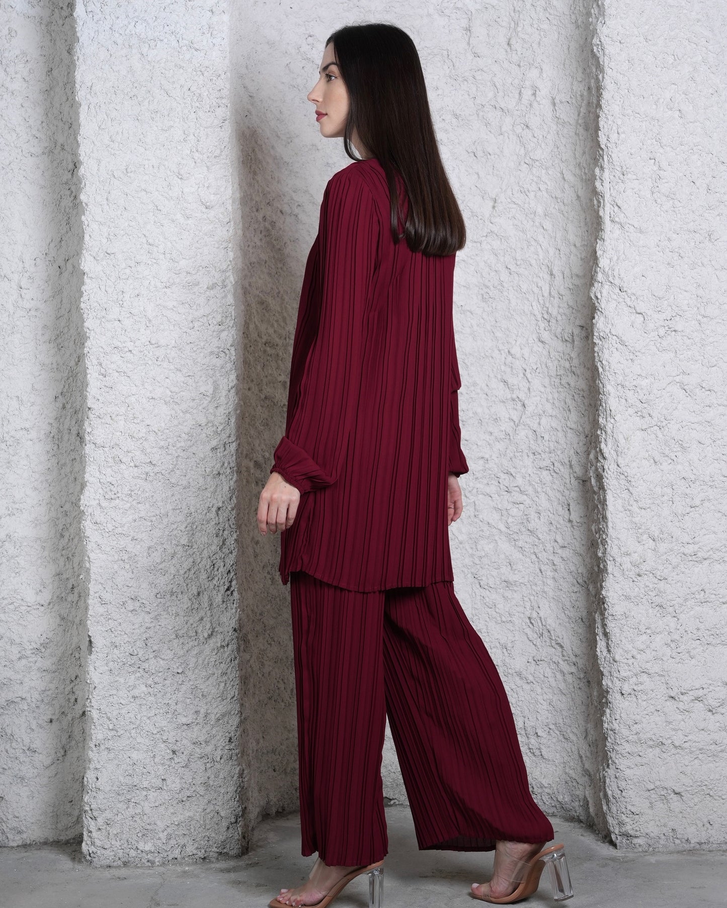 Maroon Modest Co-ord Set - Pleated Long Sleeve Elegance