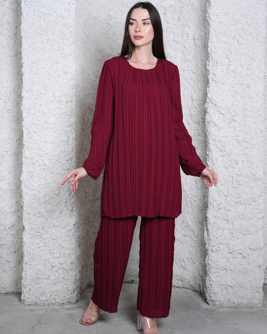 Maroon Modest Co-ord Set - Pleated Long Sleeve Elegance