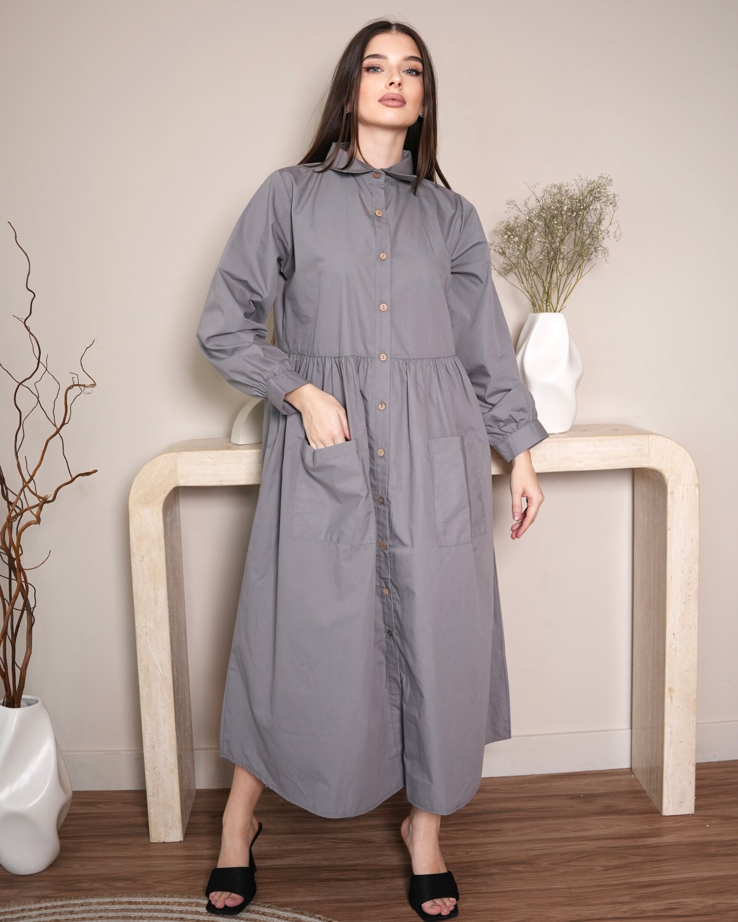 Slate Essence - Modest Button-Down Dress