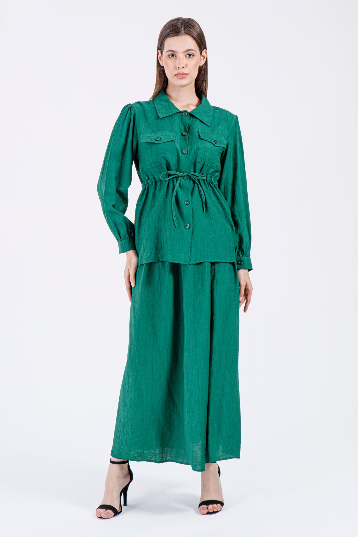 Emerald Green Button-Down Top & Skirt Set