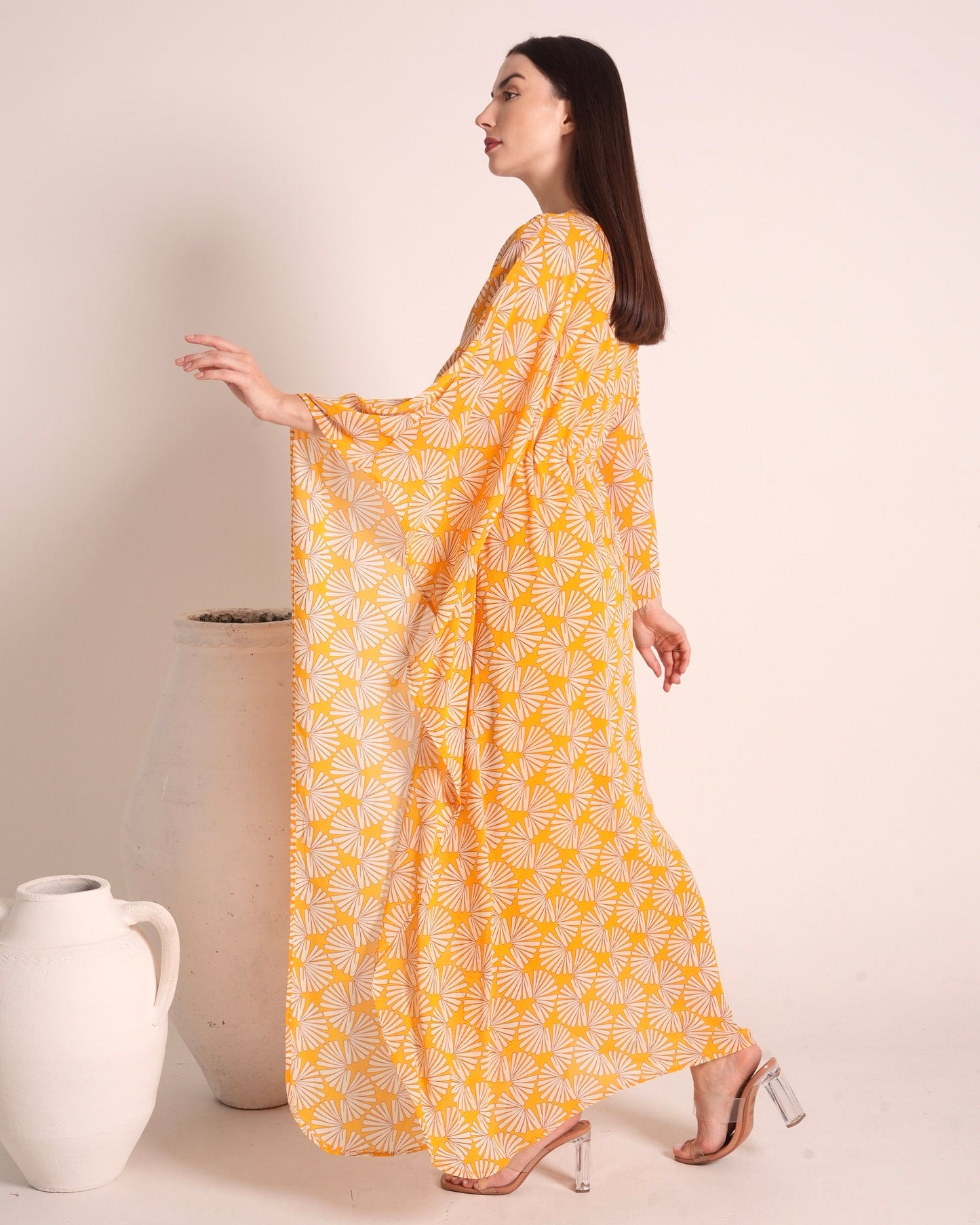 Sunny Blossom - Yellow Printed Ladies Kaftan Dress