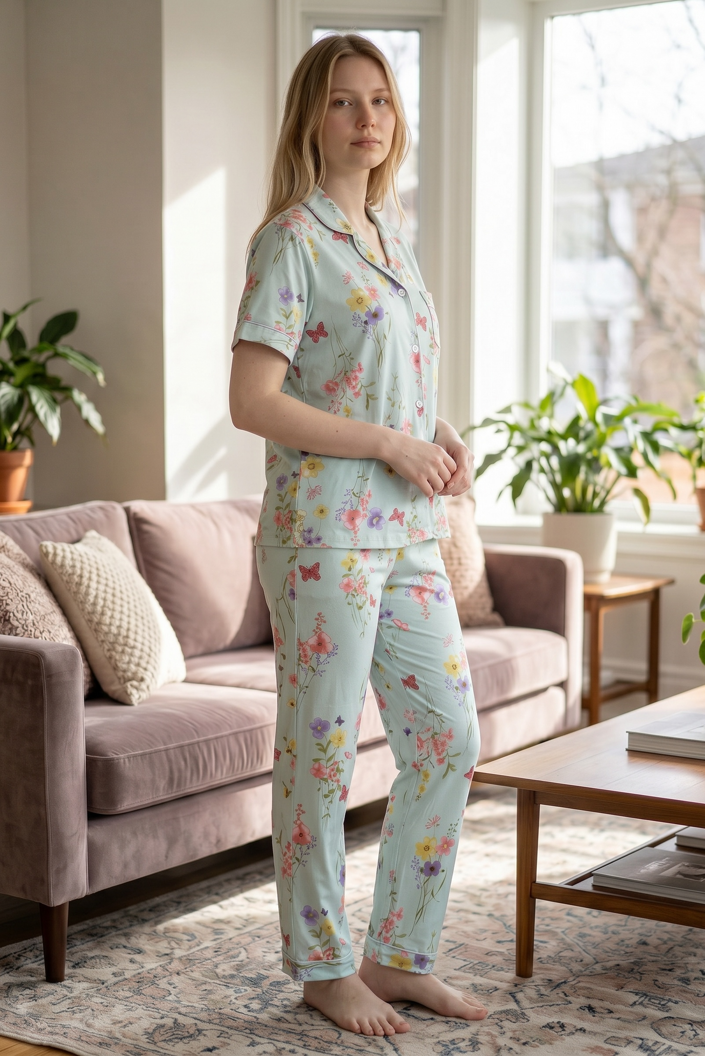Elira – Soft Mint Floral Sleepwear | Button-Up Lounge Set