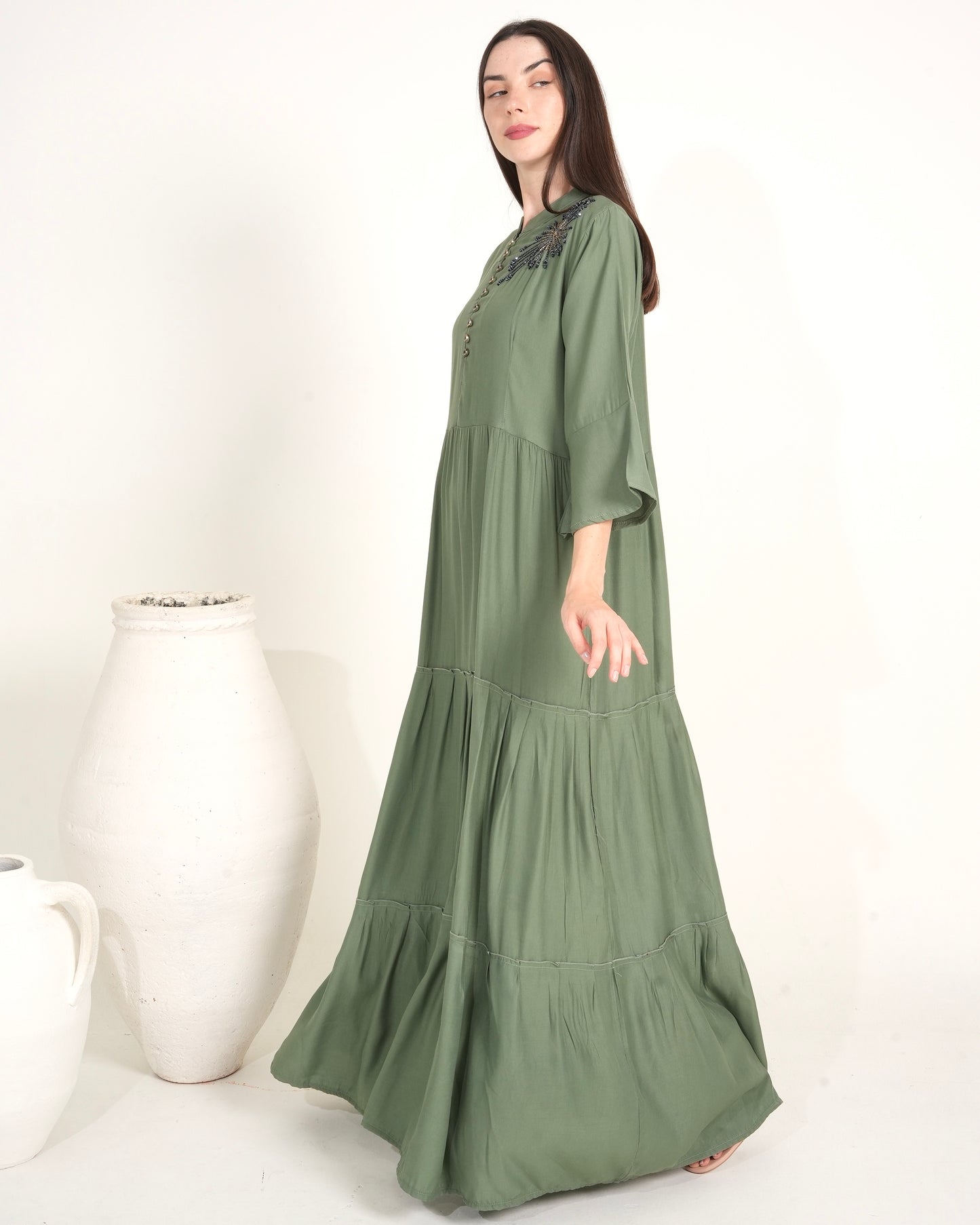 Olive Elegance - Hand-Beaded Long Dress for Ladies