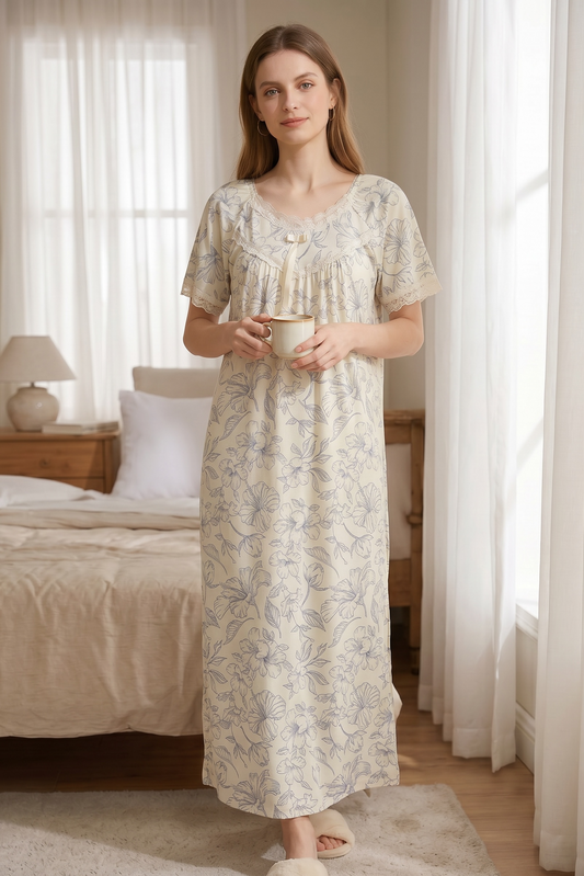 Liora – Soft Cream Floral Nightdress | Women’s Lace Sleepwear