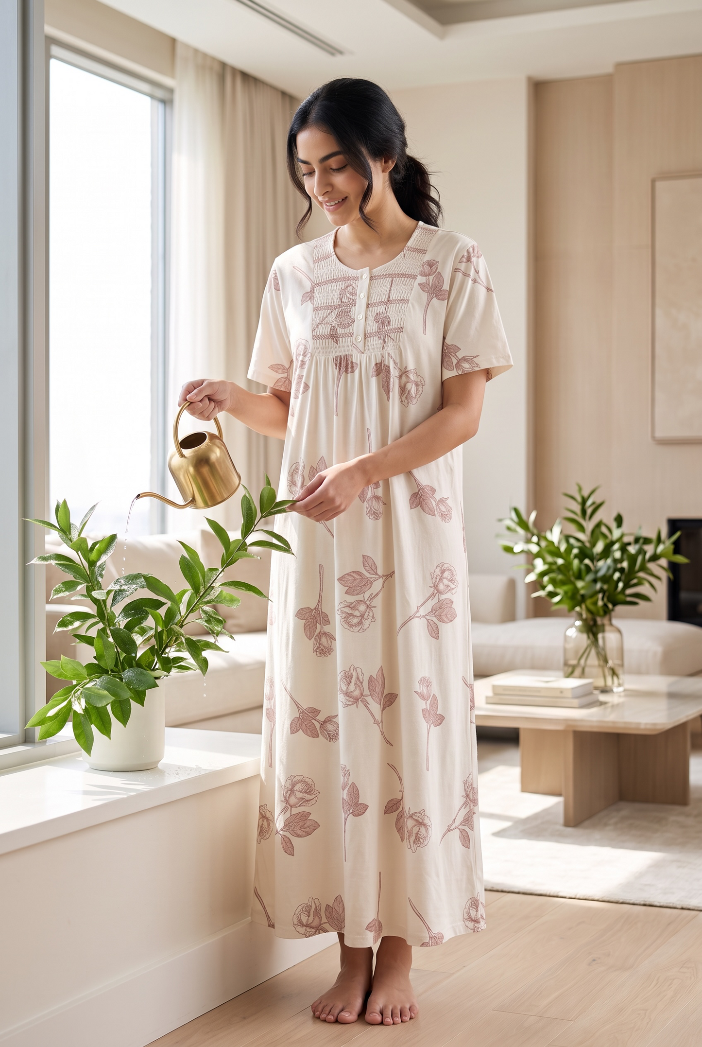 Rosabelle – Soft Ivory Rose Print Nightdress | Women’s Lace Sleepwear