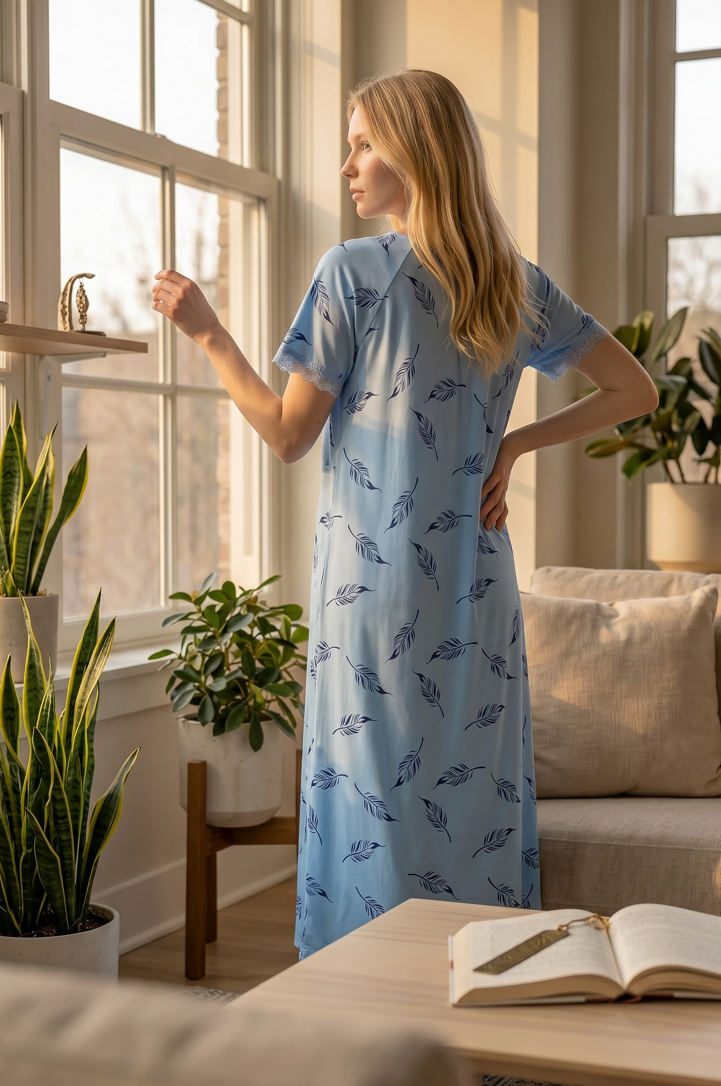 Elara – Soft Sky Blue Feather Nightdress | Women’s Lace Sleepwear