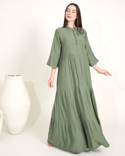 Olive Elegance - Hand-Beaded Long Dress for Ladies