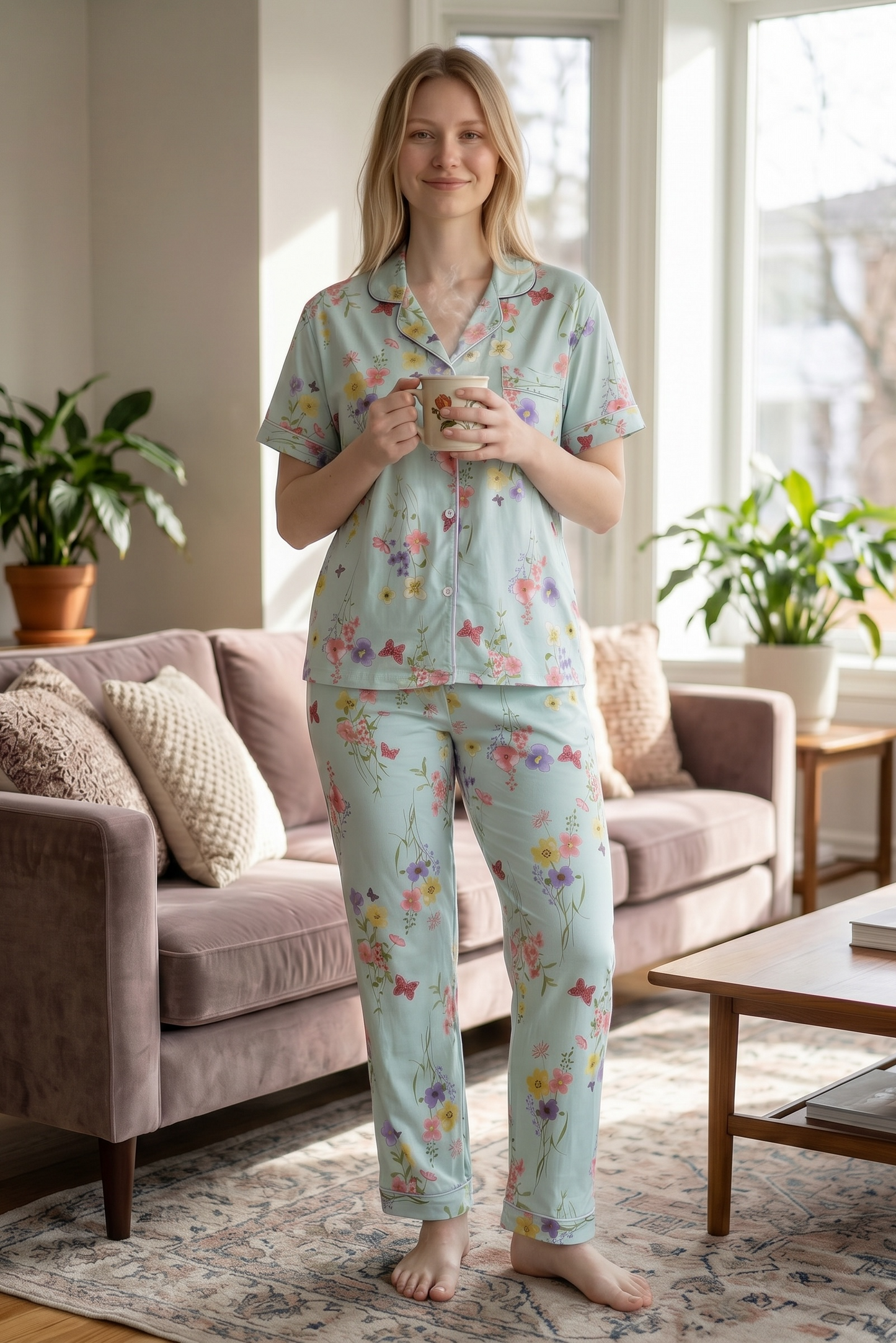 Elira – Soft Mint Floral Sleepwear | Button-Up Lounge Set
