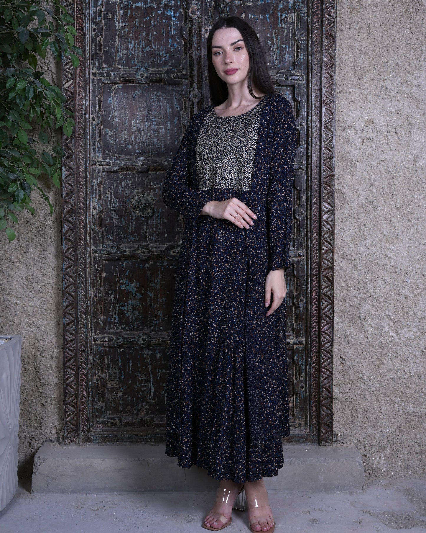 Navy Elegance - Embroidered Black Midi Dress