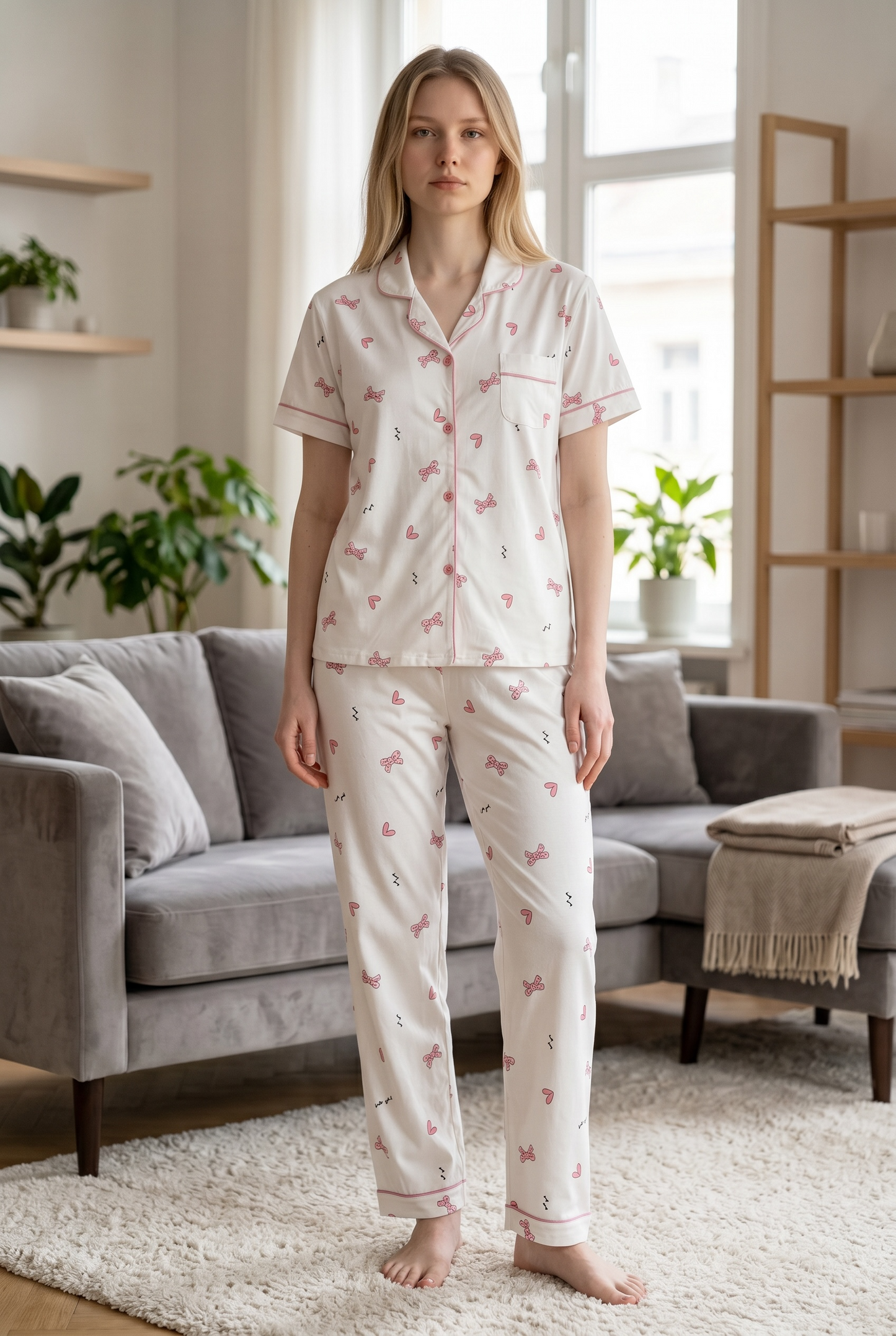 Amora – Soft Ivory Bow Print Sleepwear | Women’s Button-Up Lounge Set