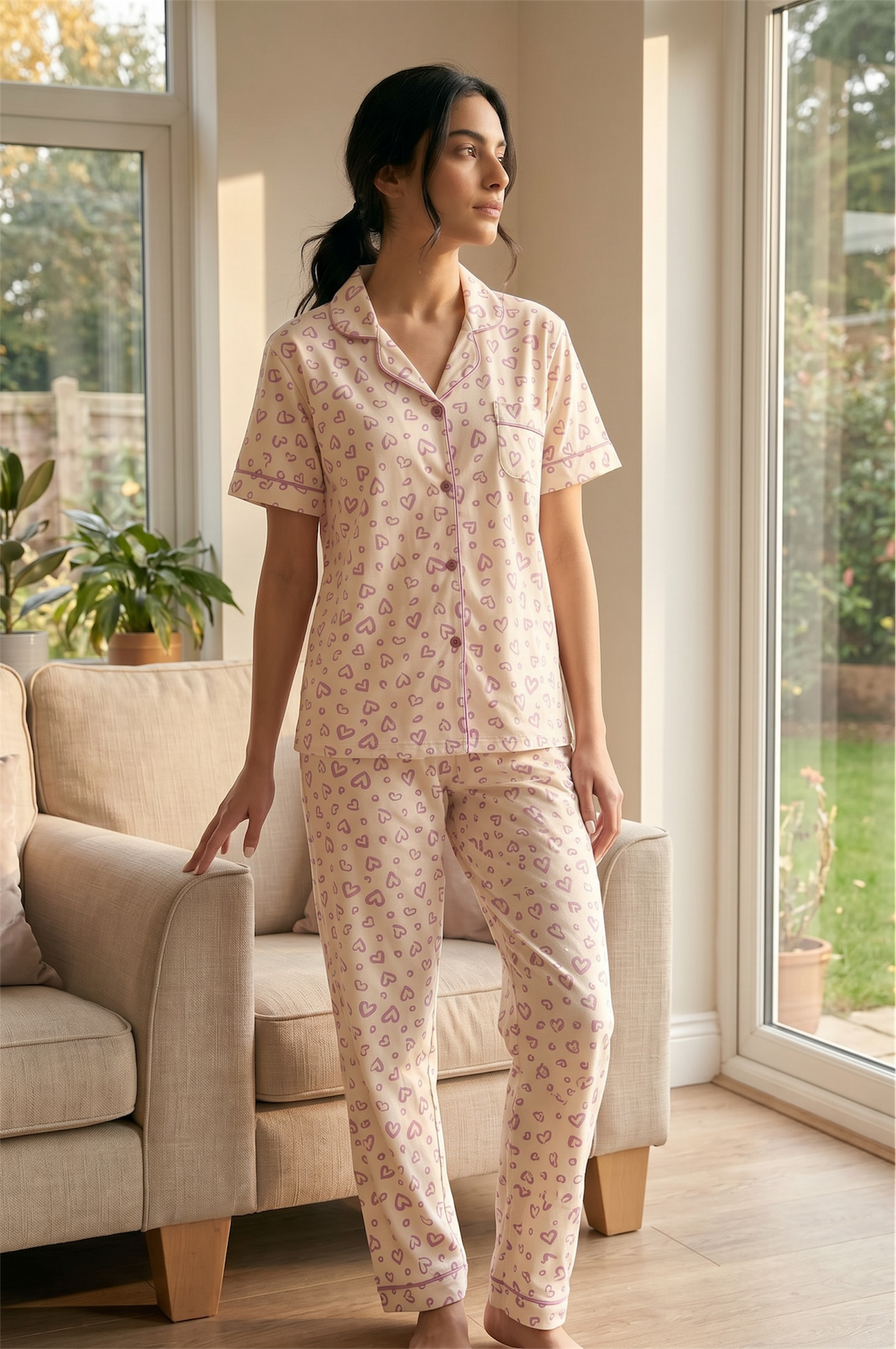 Mila – Soft Blush Heart Print Sleepwear | Women’s Button-Up Pajama Set
