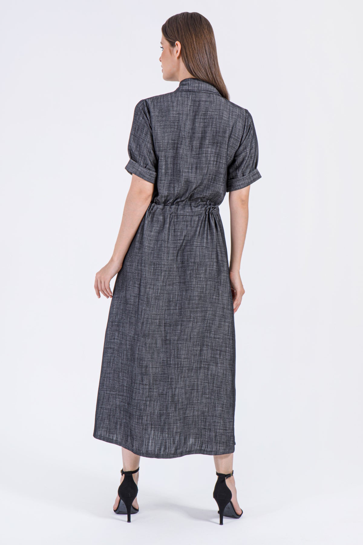Charcoal Elegance – Modest Buttoned Maxi Dress