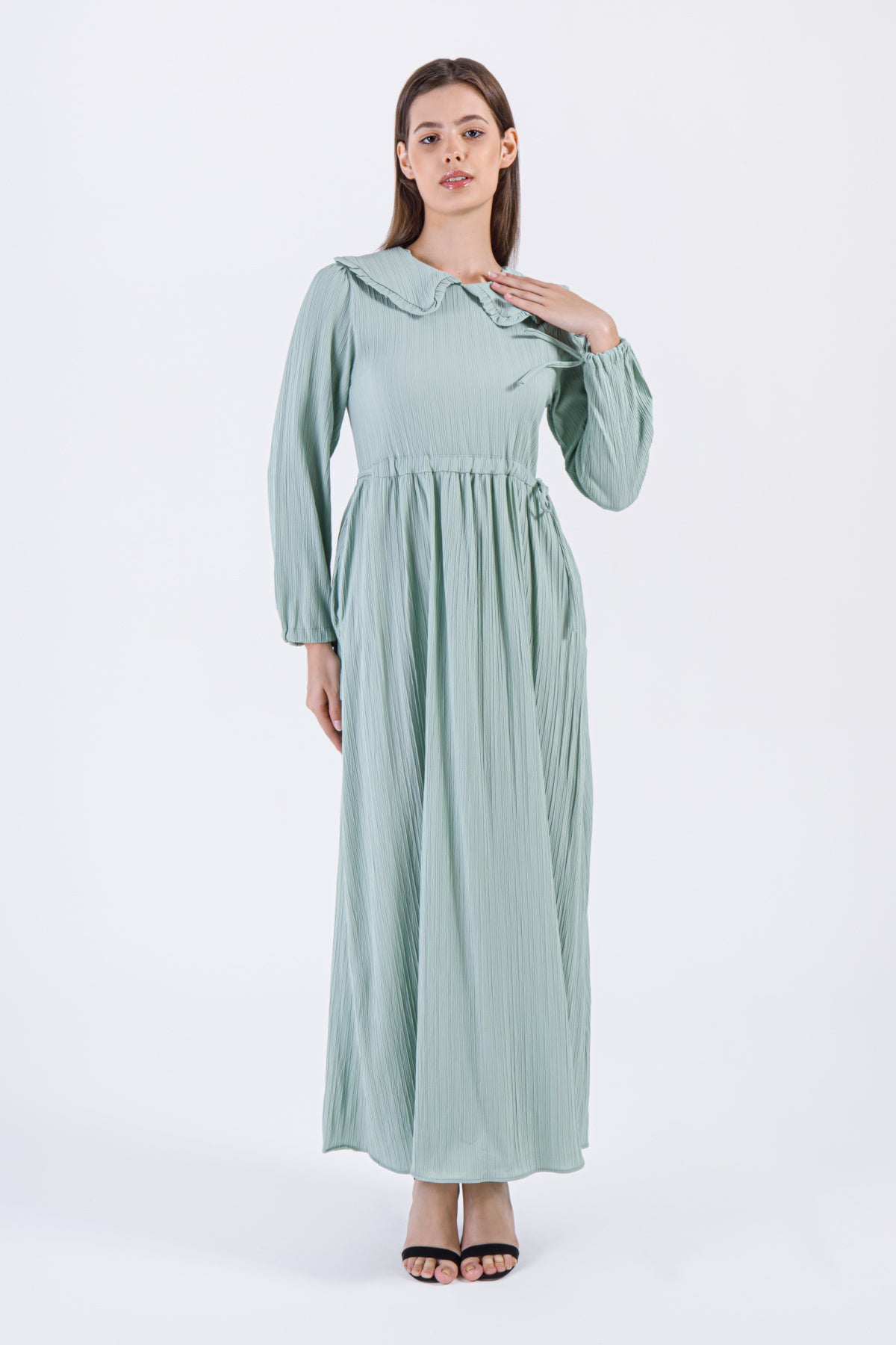 Ruffled Collar Crinkle Maxi Dress – Mint Green