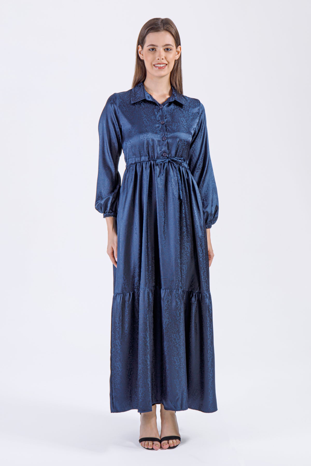 Midnight Blue Elegance – Modest Satin Maxi Dress