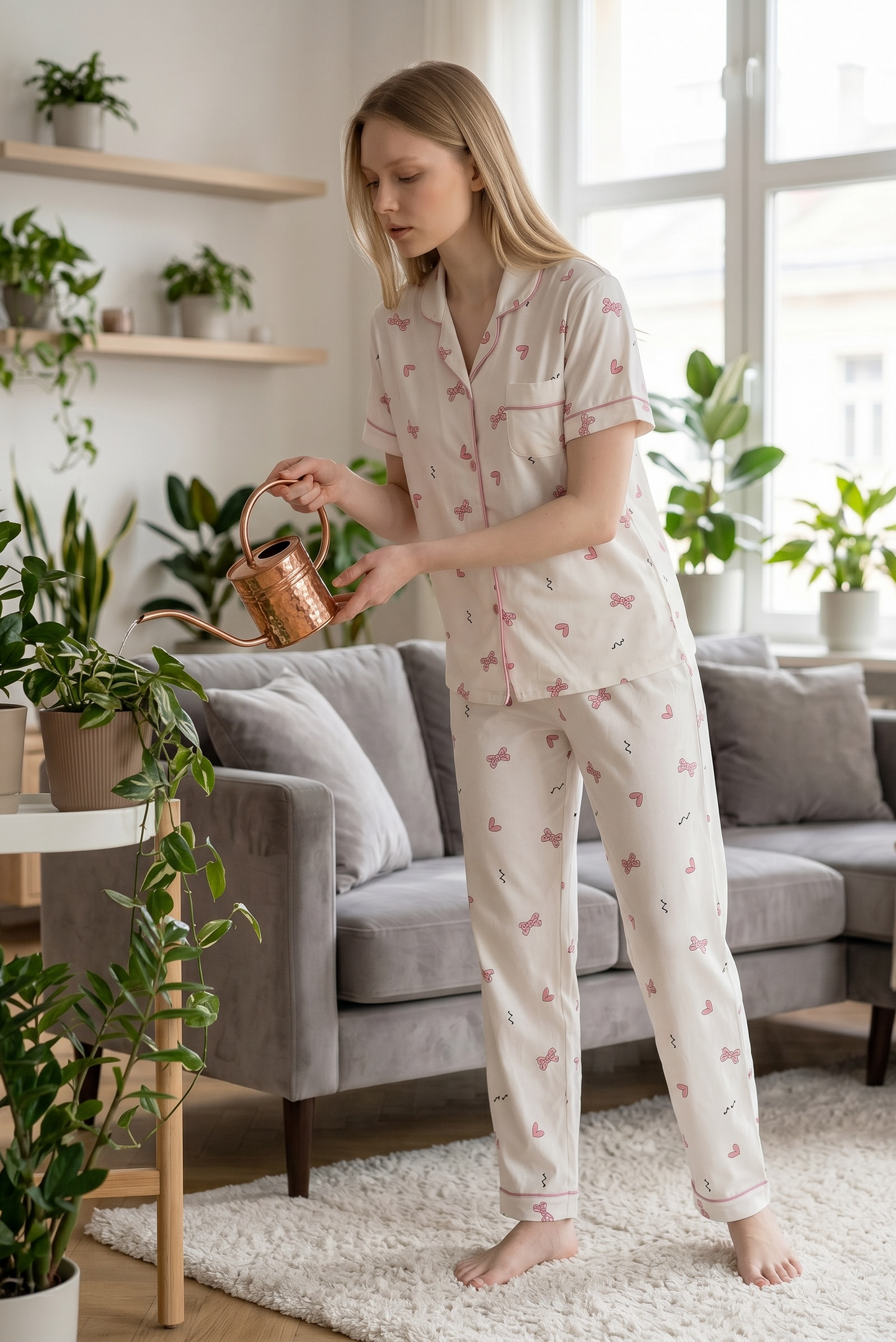 Amora – Soft Ivory Bow Print Sleepwear | Women’s Button-Up Lounge Set