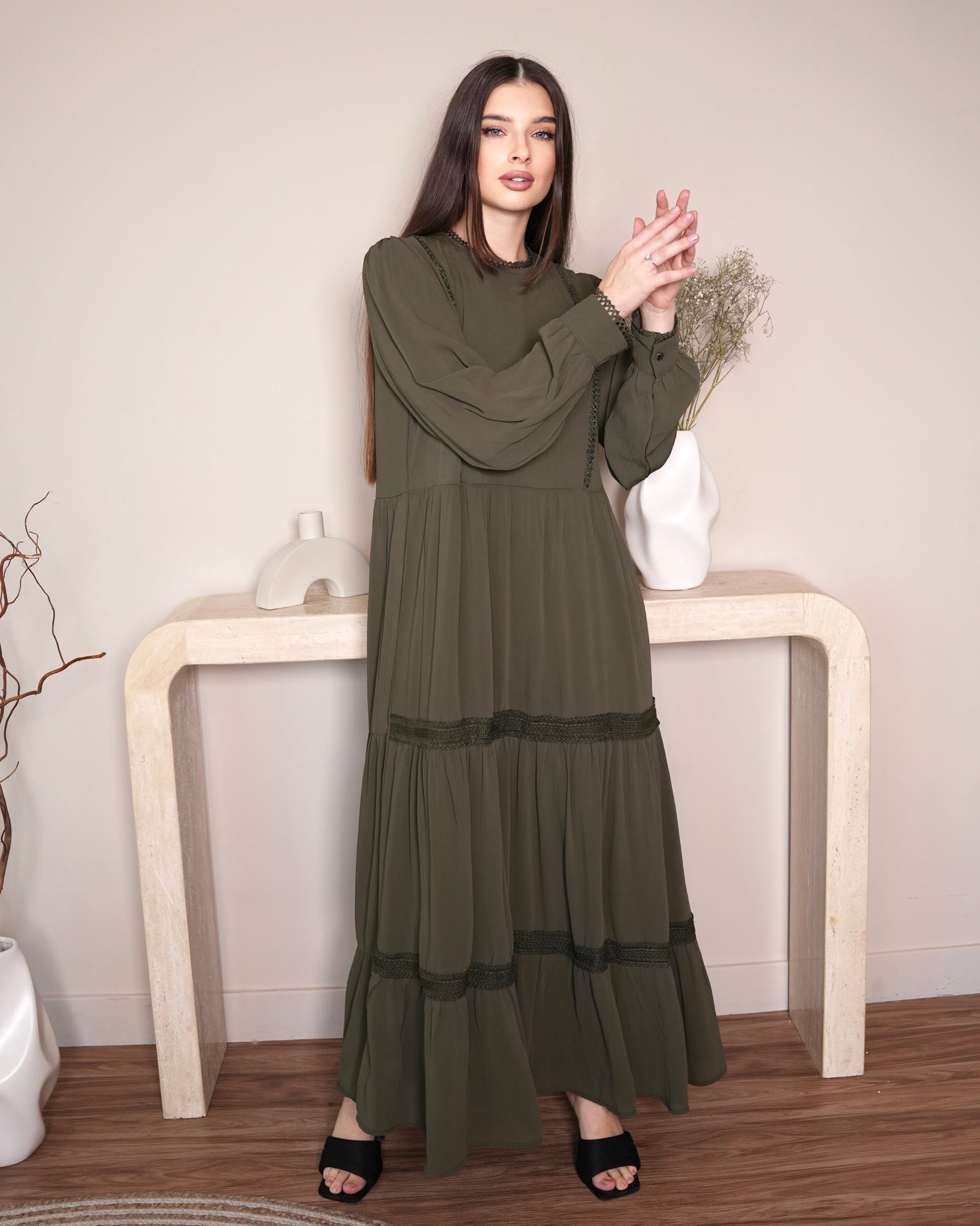 Ethereal Olive - Modest Maxi Dress in Olive Green