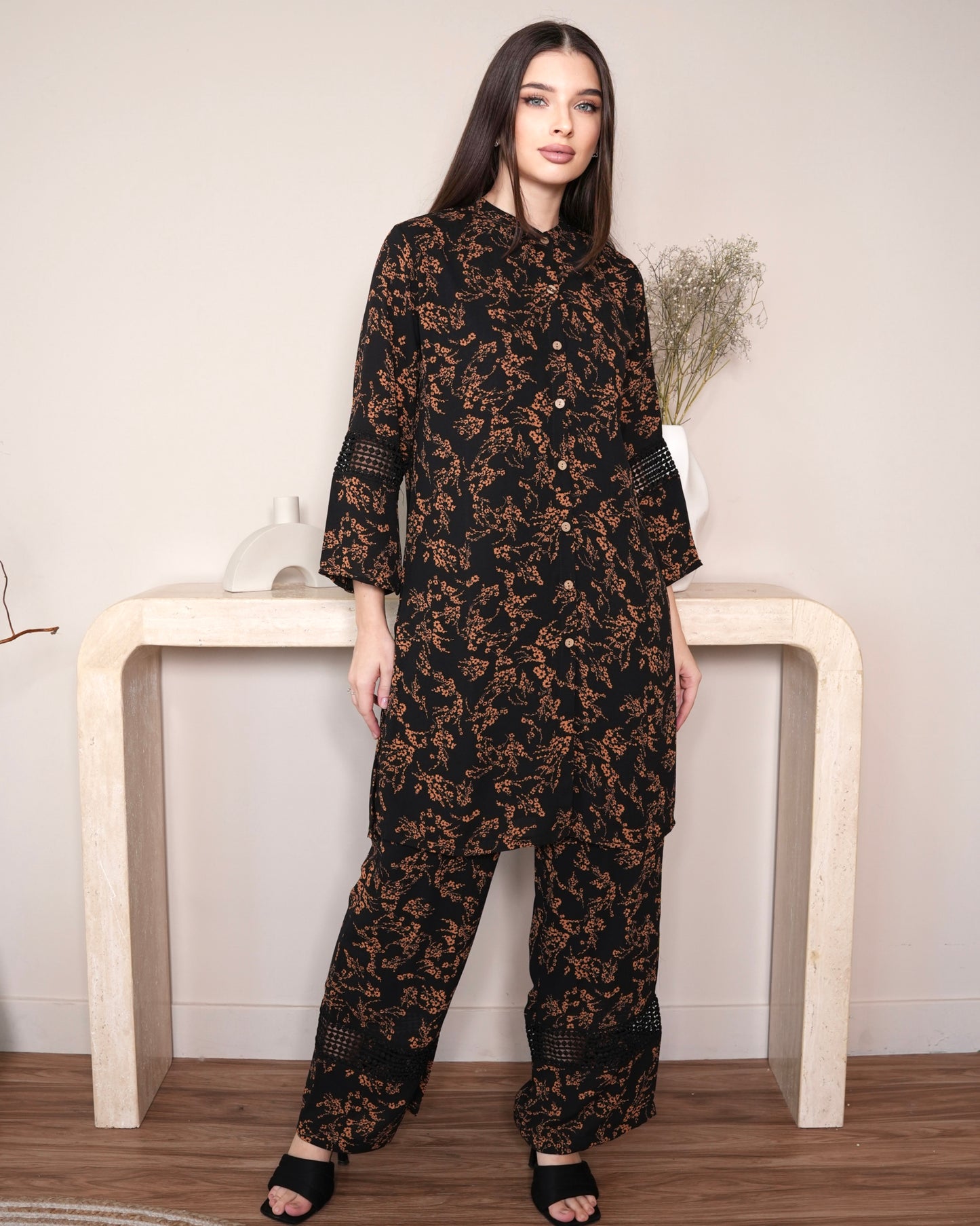 Midnight Bloom - Black Floral Print Co-ord Set with Lace Detail