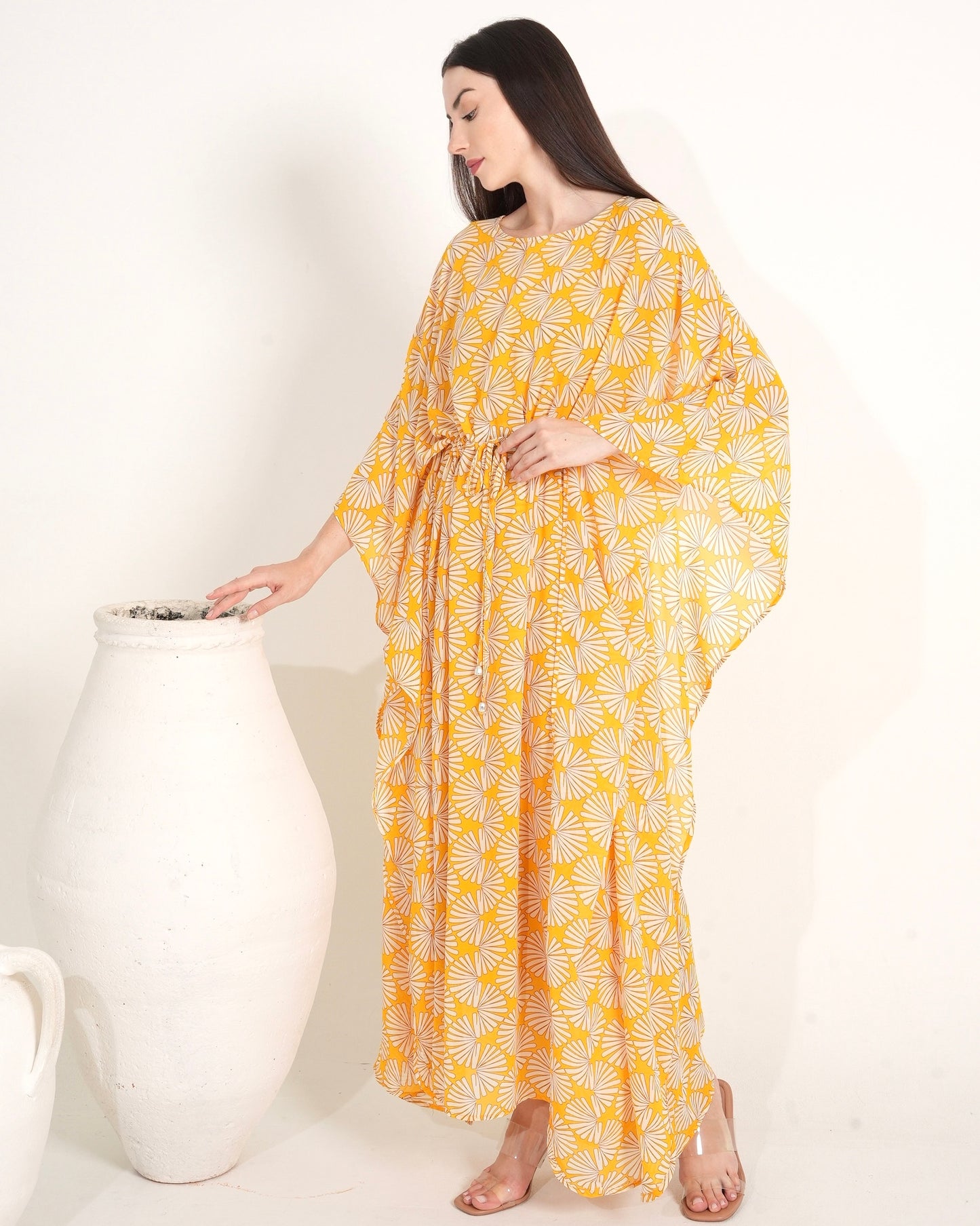 Sunny Blossom - Yellow Printed Ladies Kaftan Dress