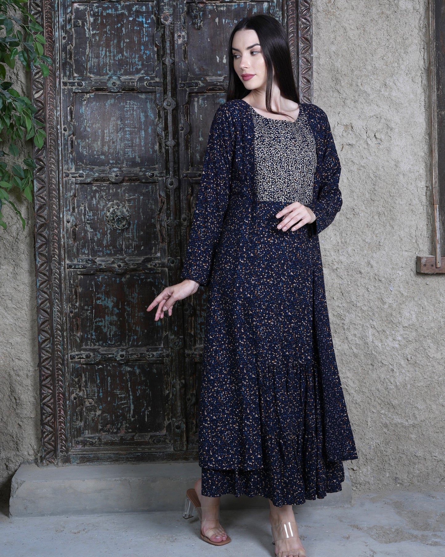 Navy Elegance - Embroidered Black Midi Dress