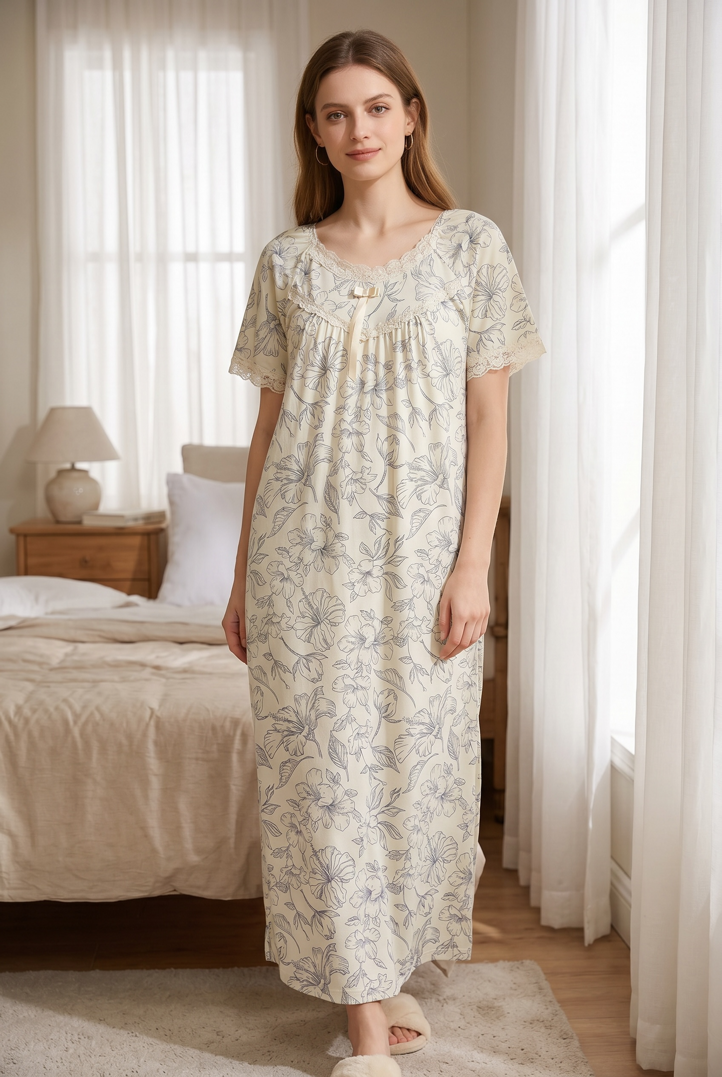 Liora – Soft Cream Floral Nightdress | Women’s Lace Sleepwear