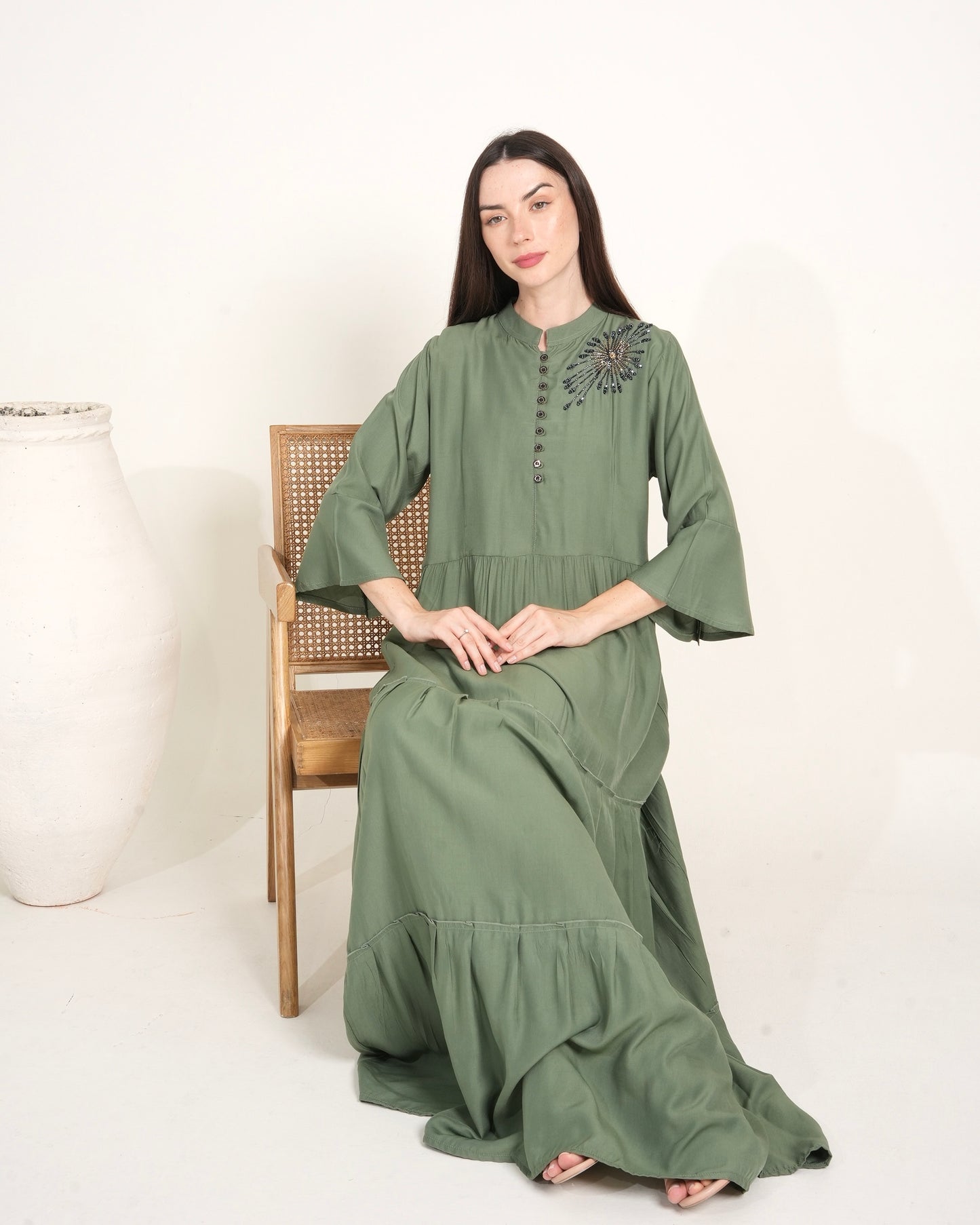 Olive Elegance - Hand-Beaded Long Dress for Ladies