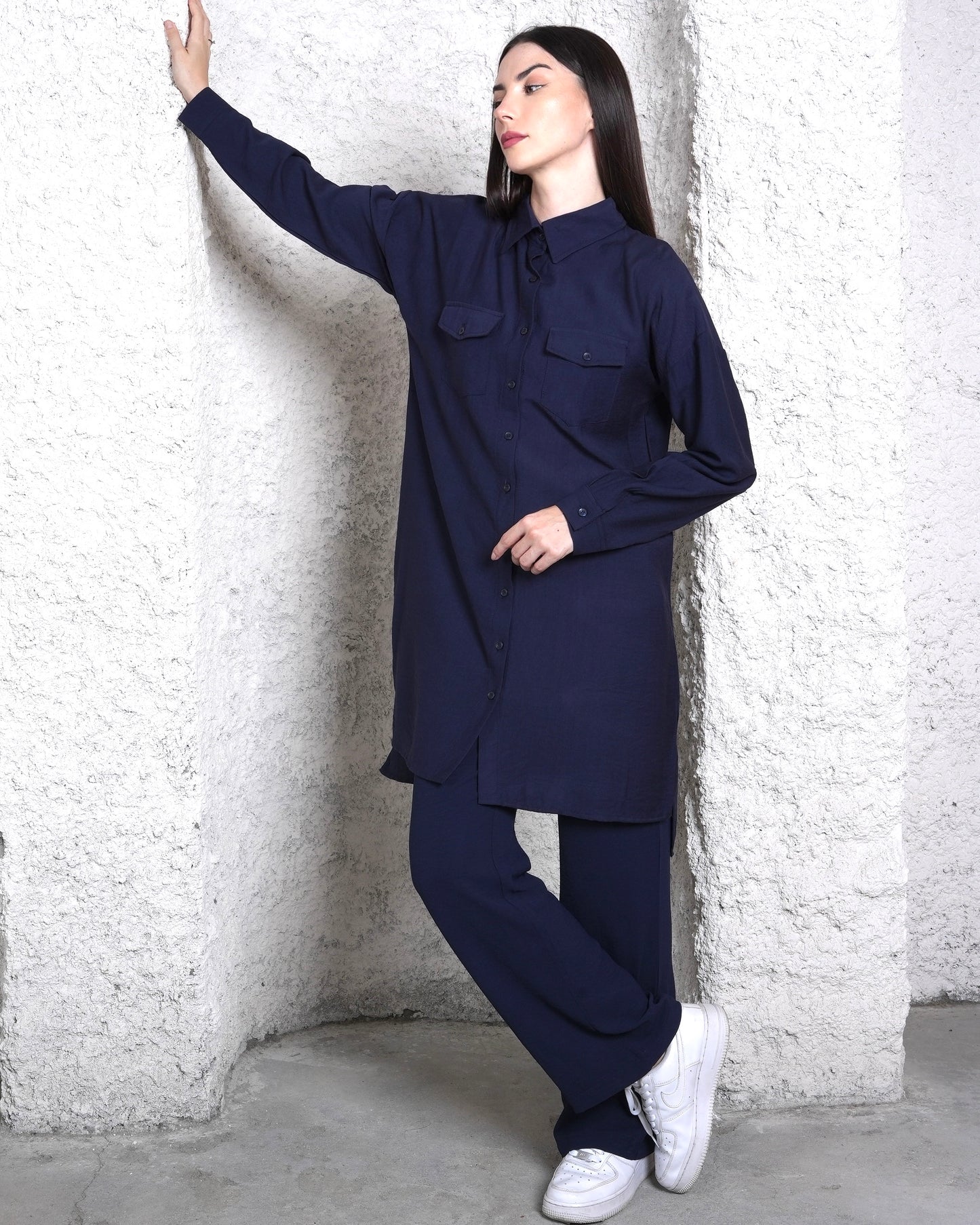 Buttoned Elegance - Navy Blue Co-ord Set with Front Pocket’s