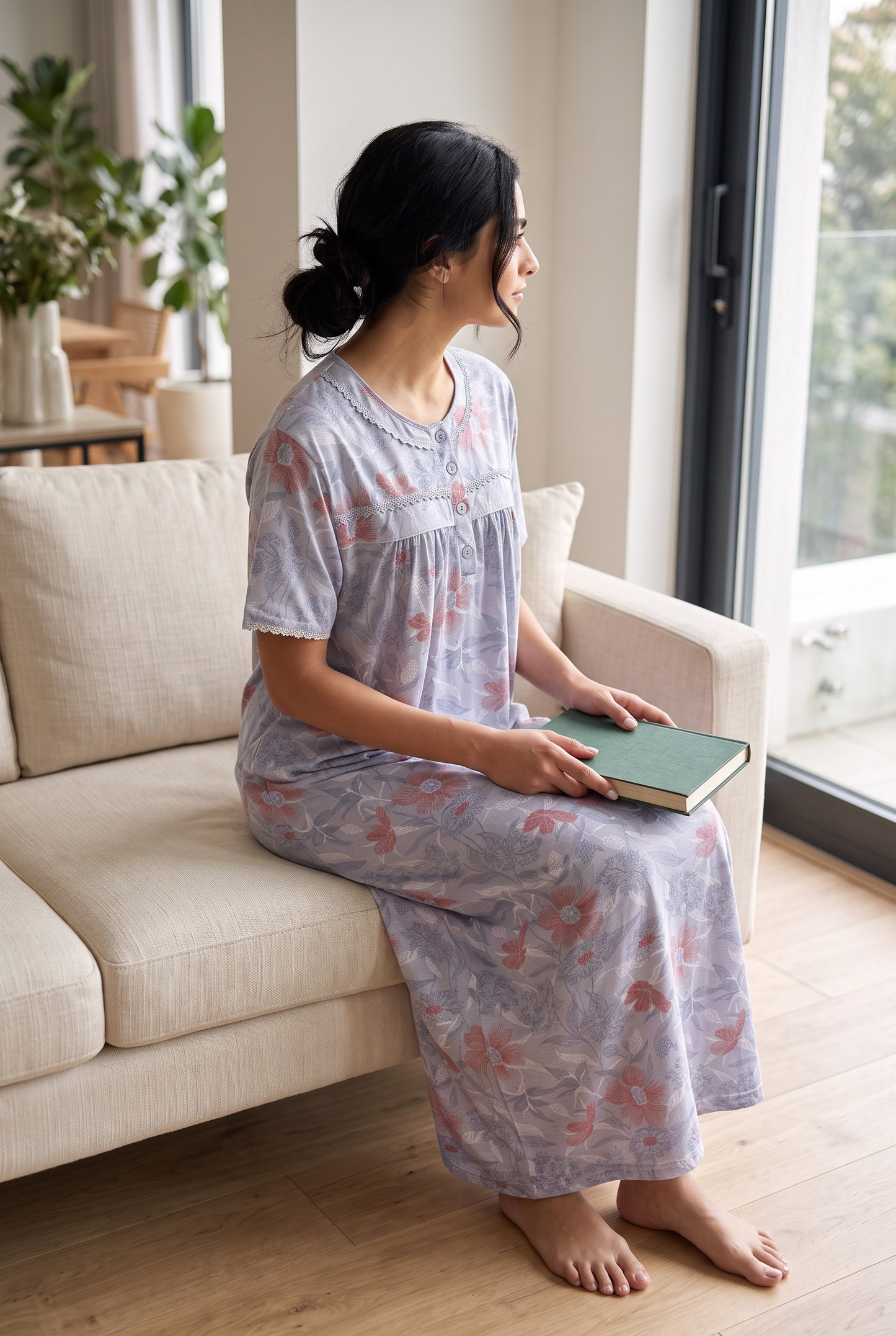 Mirelle – Soft Grey Floral Nightdress | Women’s Lace Sleepwear