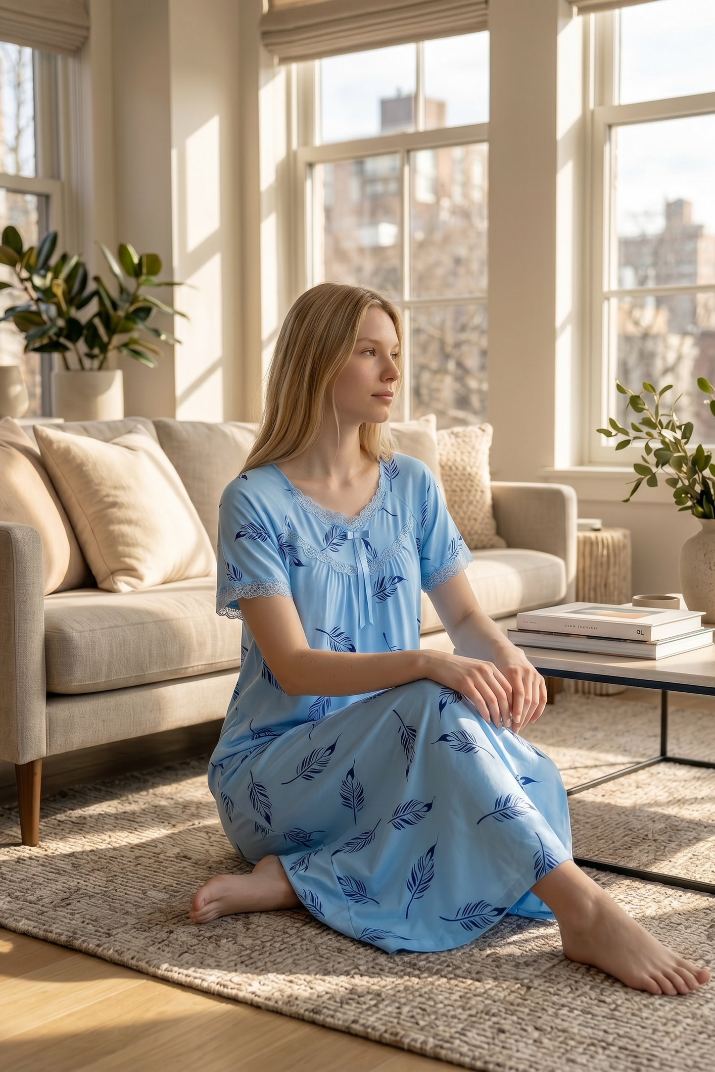 Elara – Soft Sky Blue Feather Nightdress | Women’s Lace Sleepwear