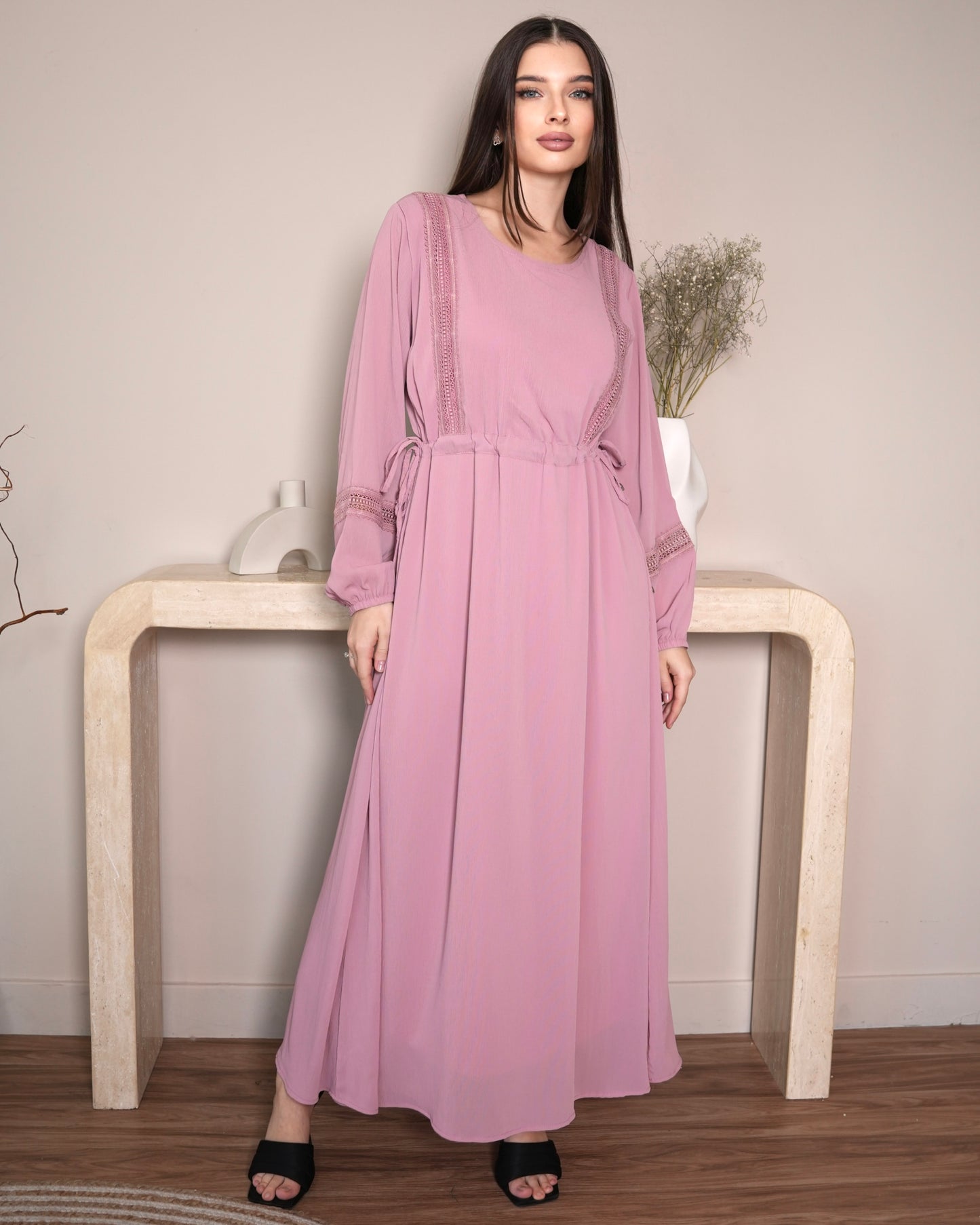 Graceful Blush - Pink Modest Dress with Lace Detail