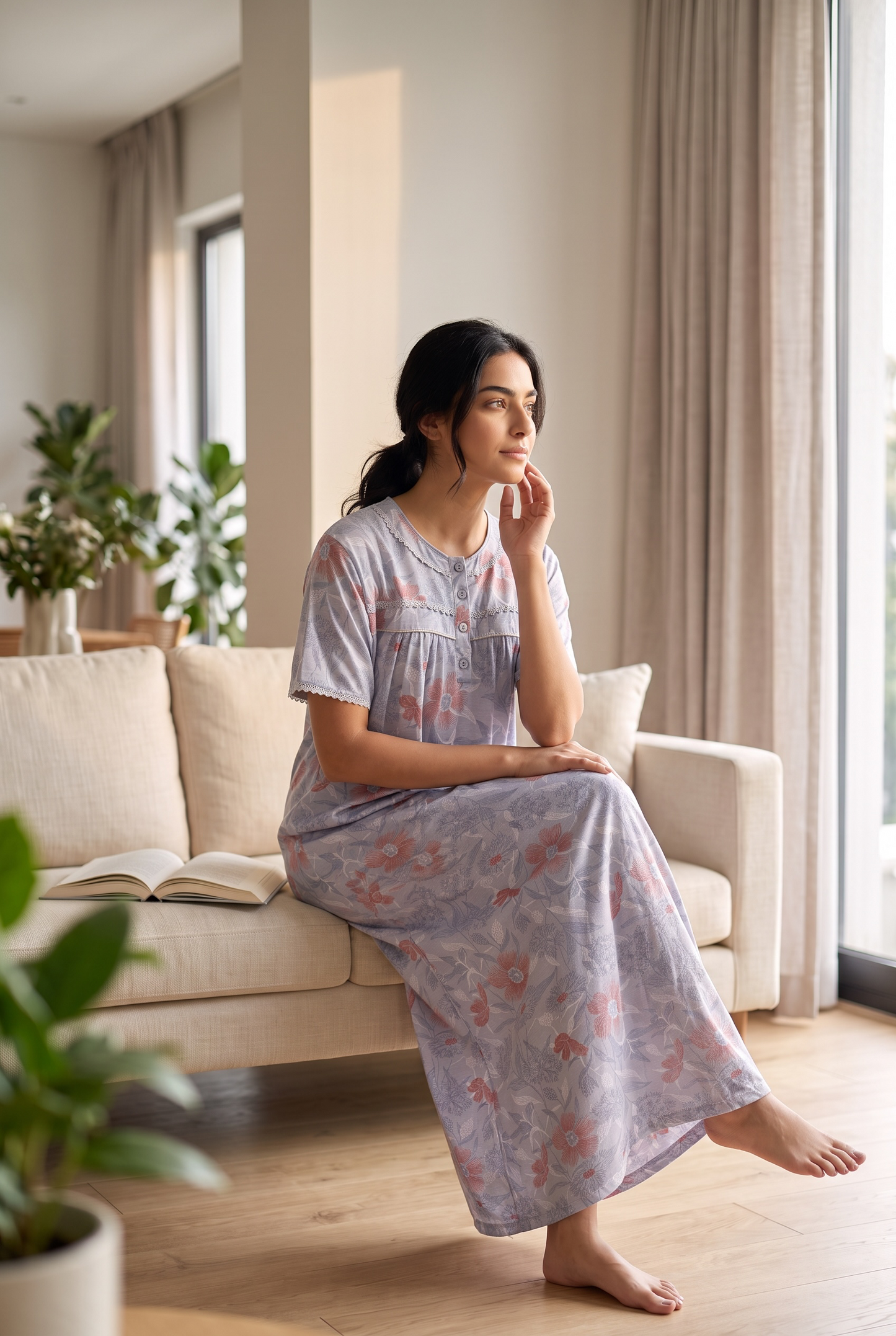 Mirelle – Soft Grey Floral Nightdress | Women’s Lace Sleepwear