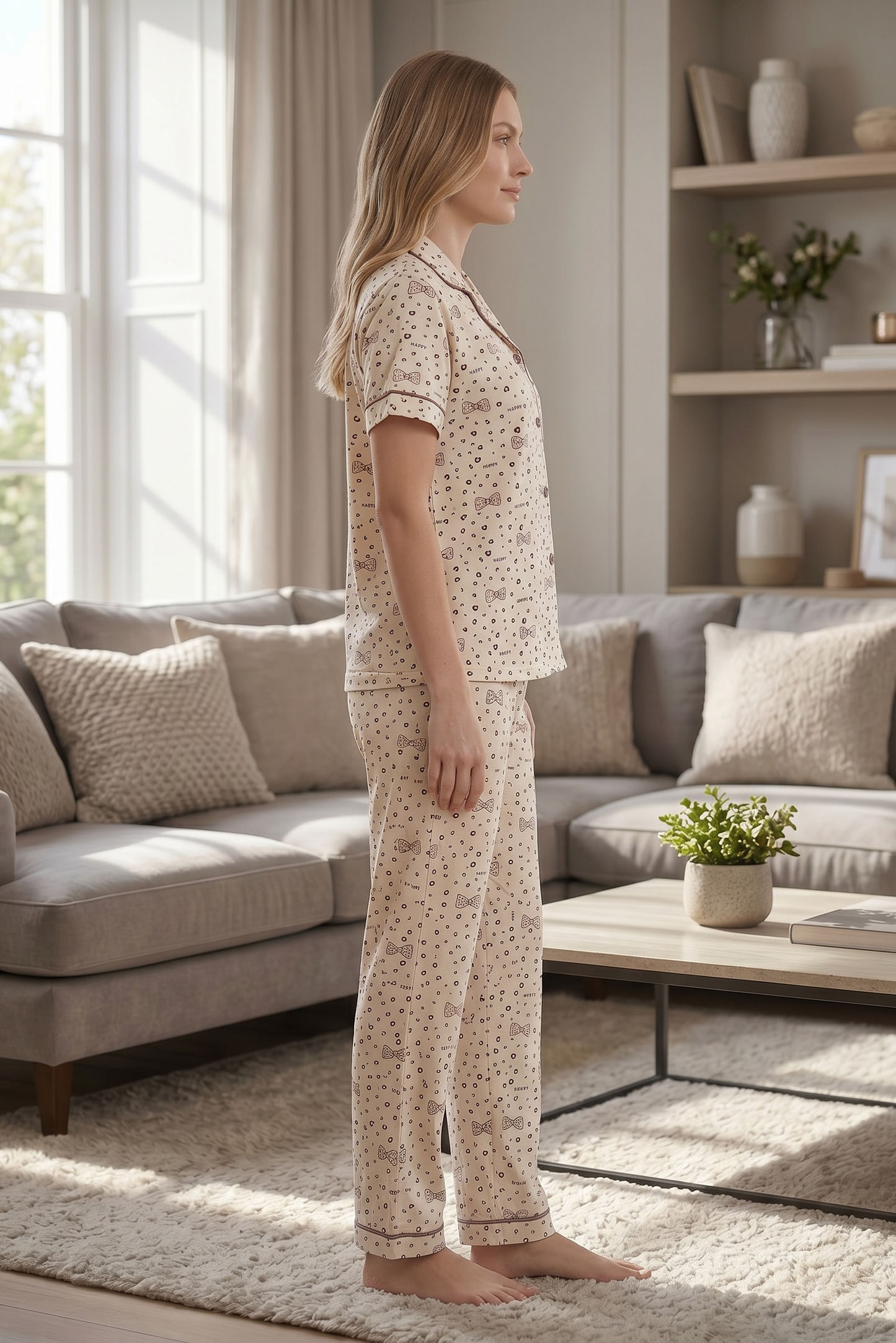 Belleza – Soft Cream Bow Print Sleepwear | Button-Up Lounge Set