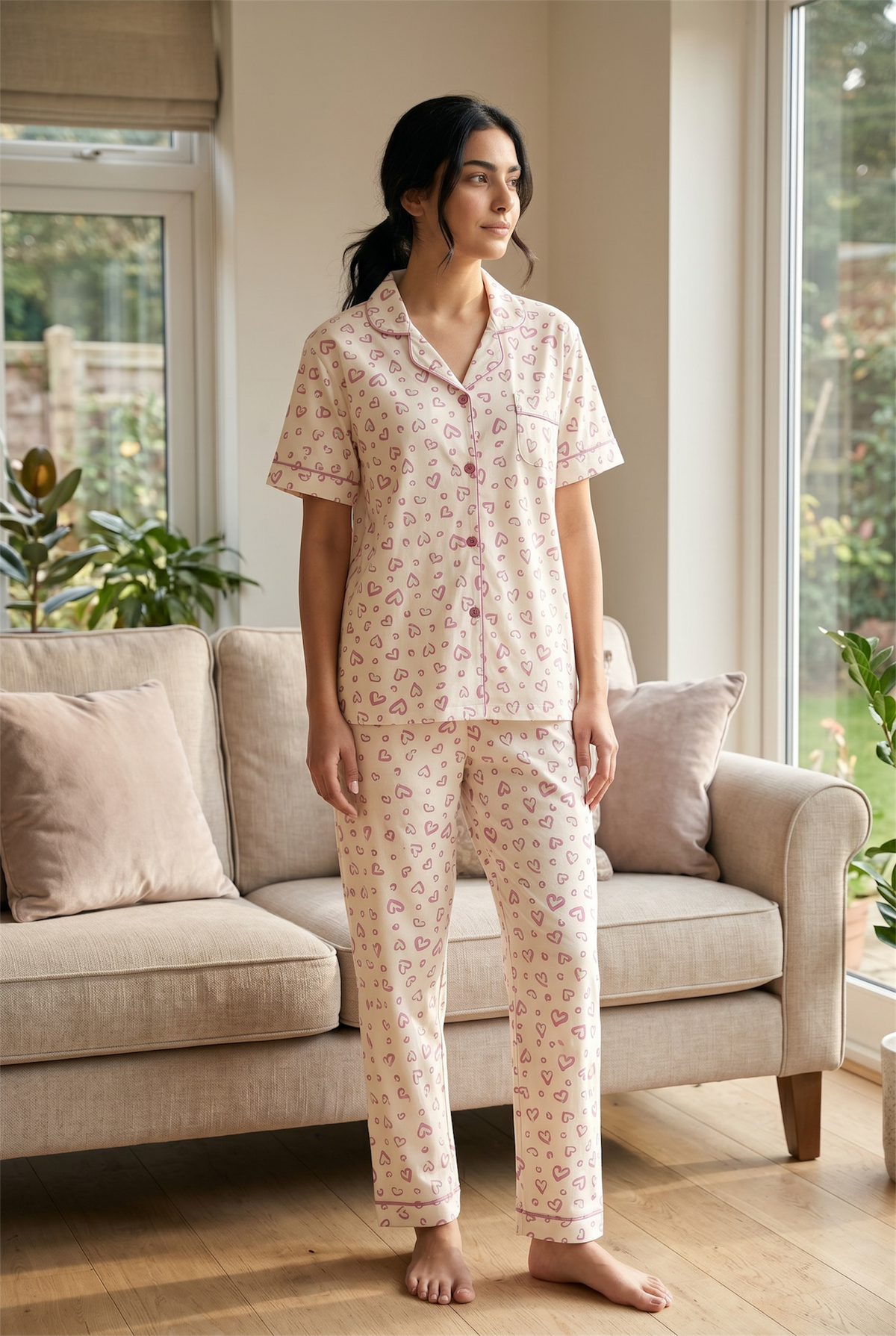 Mila – Soft Blush Heart Print Sleepwear | Women’s Button-Up Pajama Set