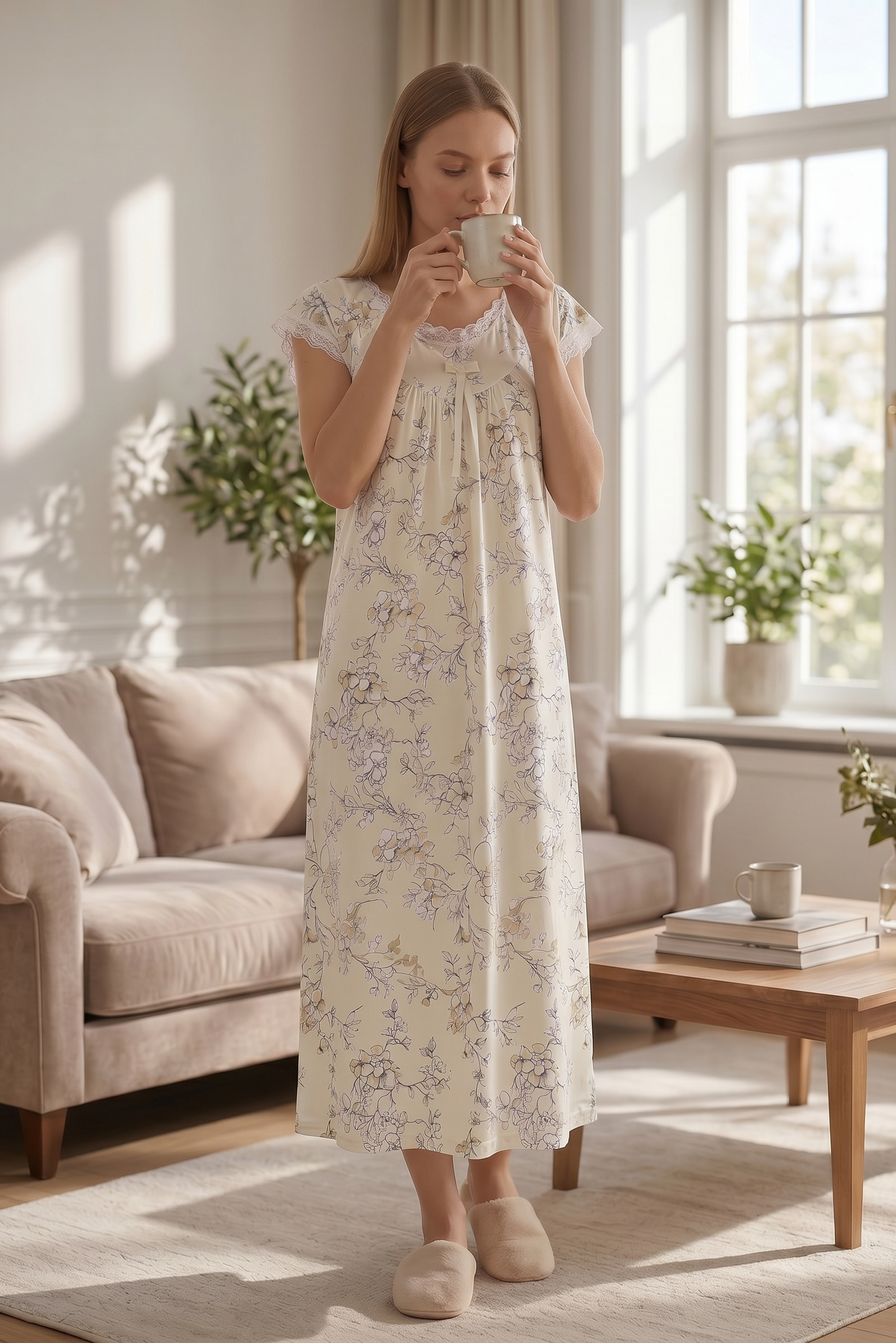 Marielle – Soft Ivory Floral Nightdress | Women's Lace Sleepwear