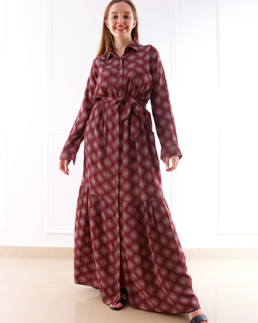 Printed Long Dress - Maroon